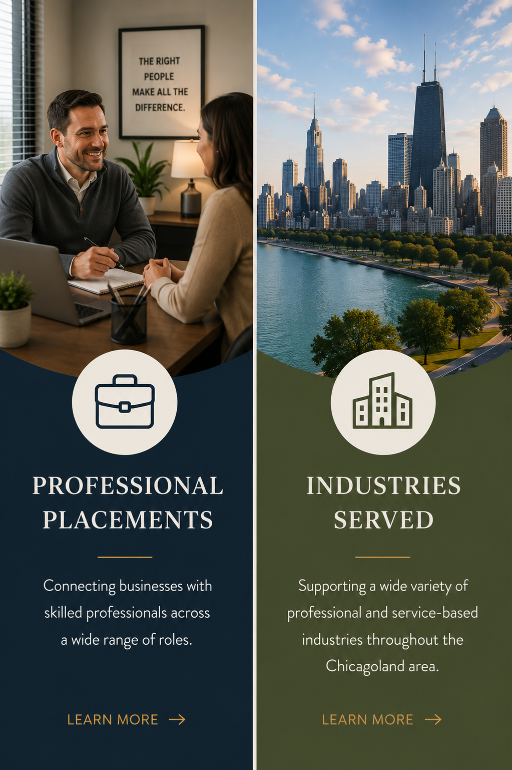 2 vertical sections. Left is Professional Placements. Right is Industries Served