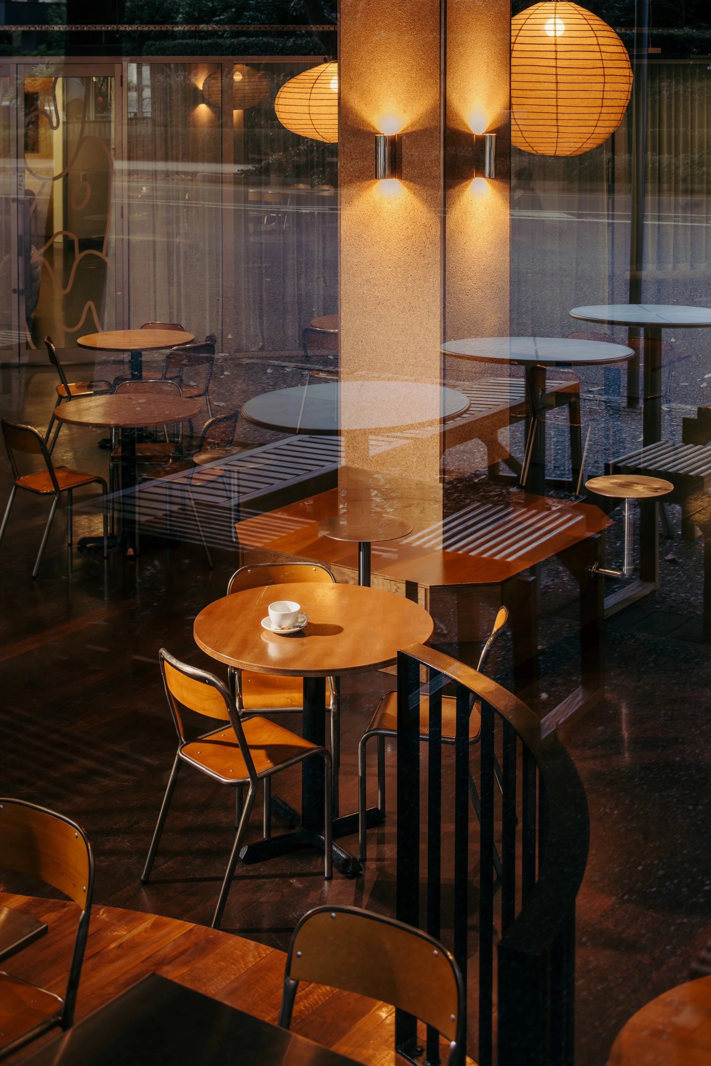 Warm interior seating at Kin cafe in Brisbane.