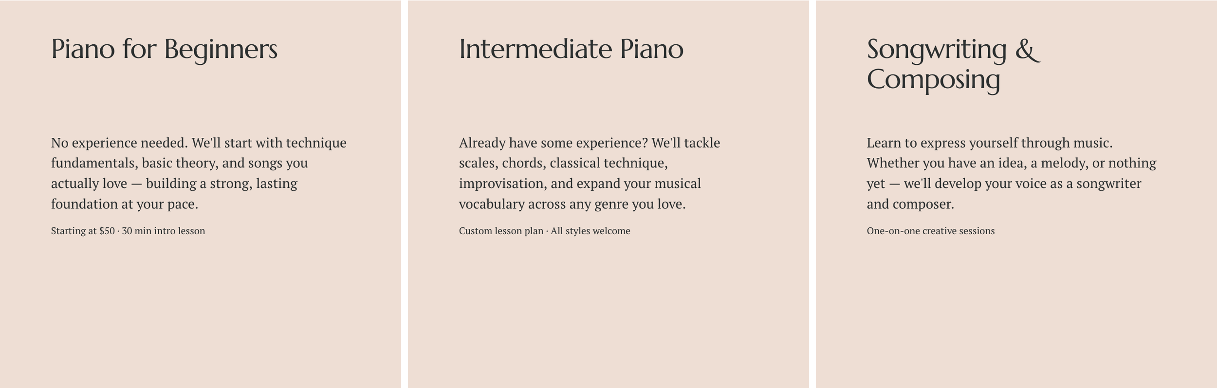 Three columns of music lesson programs on a light pink background: 1) Piano for Beginners with details about starting price and duration, 2) Intermediate Piano with info about experience level and custom lessons, 3) Songwriting & Composing focusing on voice development and creative sessions.
