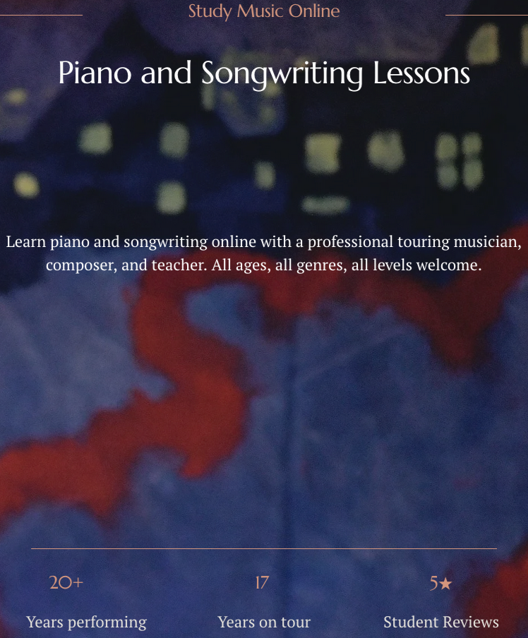 Online music school advertisement for piano and songwriting lessons, featuring colorful abstract background.