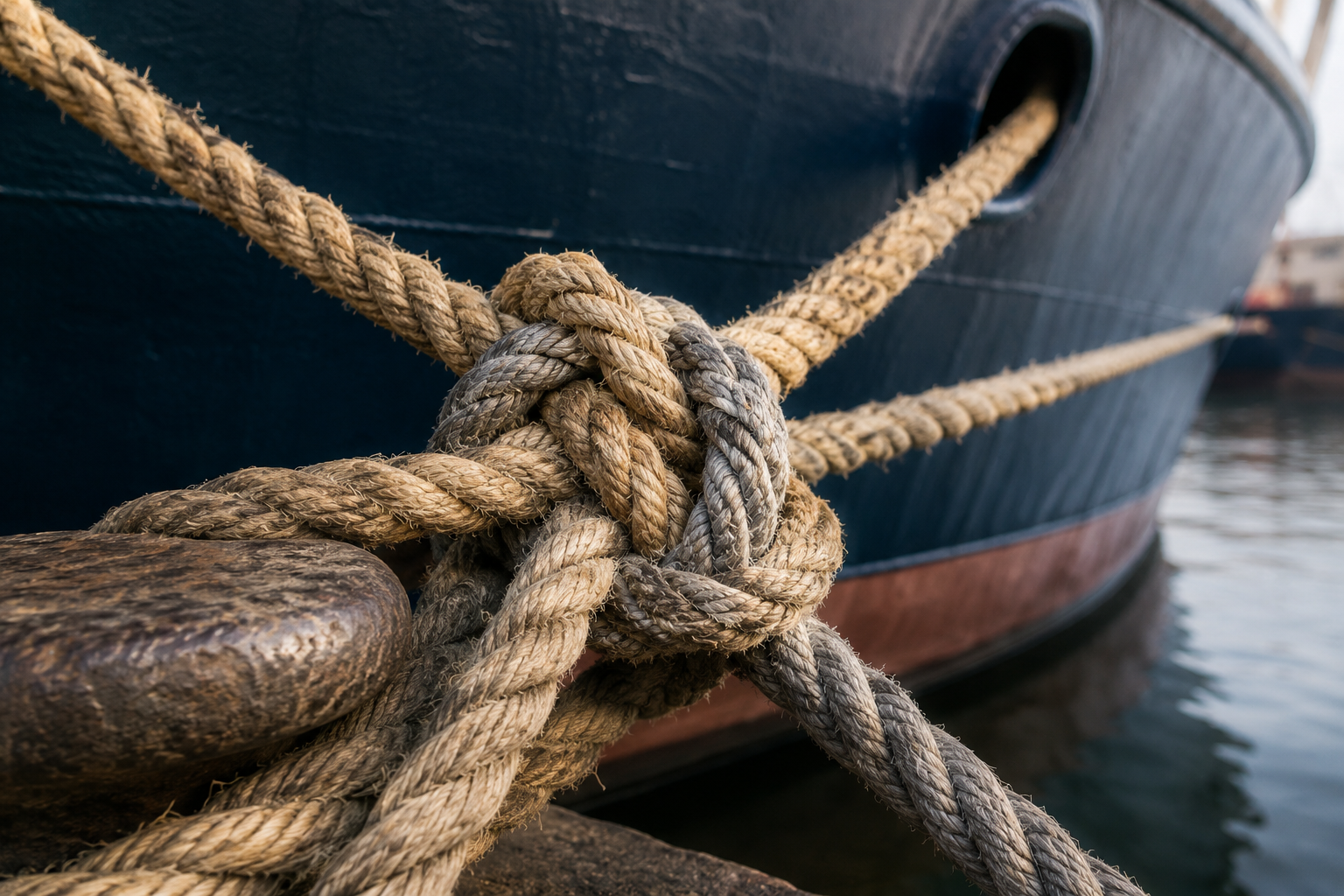 Close-up of thick, weathered ropes tied in a knot securing a boat to a dock, with part of the boat's hull and water in the background.