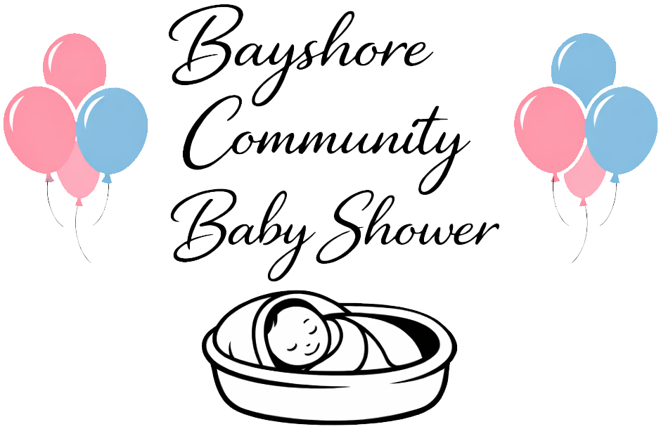 Decorative graphic for a Bayshore Community Baby Shower featuring pink and blue balloons, a illustration of a swaddled baby in a bassinet, and stylized text.