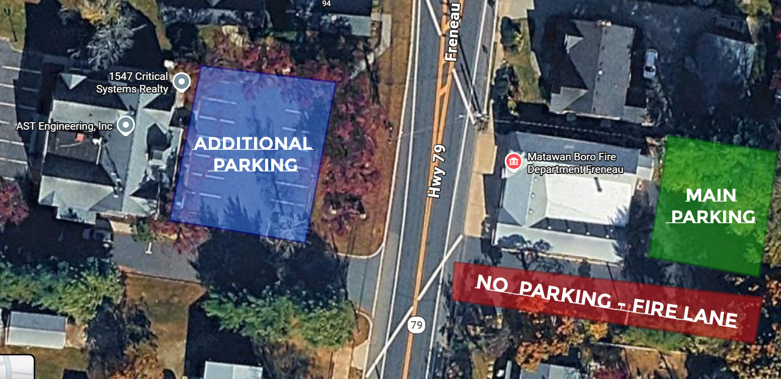 Aerial view of a neighborhood showing designated parking areas: main parking in green, additional parking in blue, and a no parking fire lane in red. The roads are labeled Hwy 79 and Frenau.