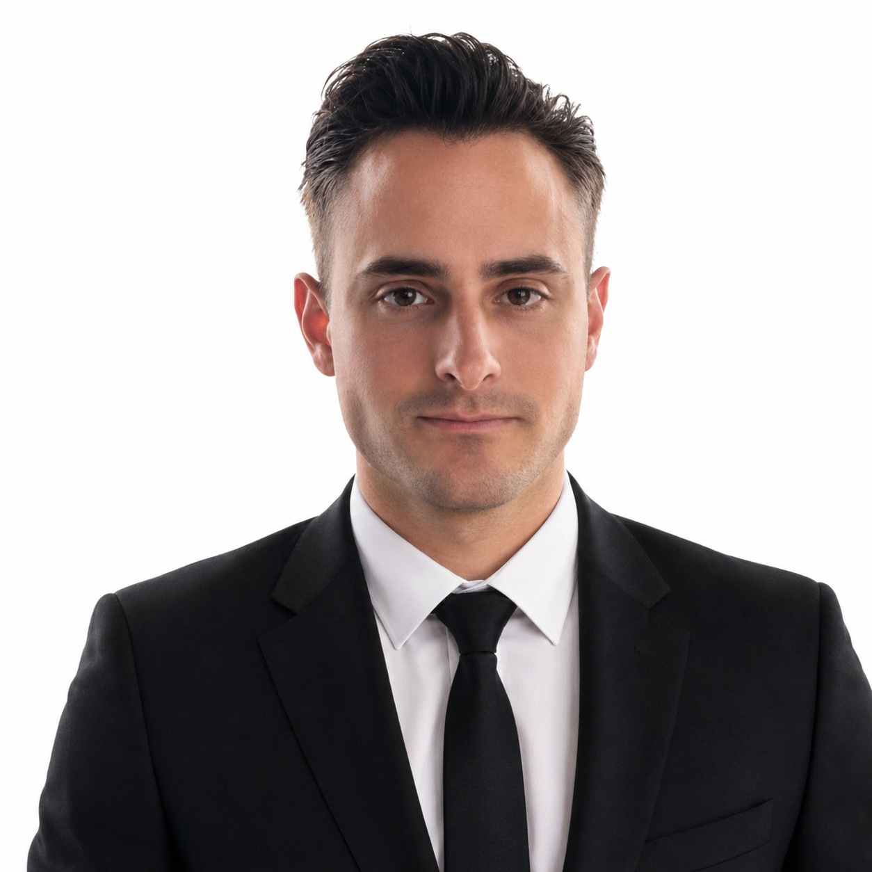 A young man in a black suit and tie, white shirt, with wet hair, against a plain white background.