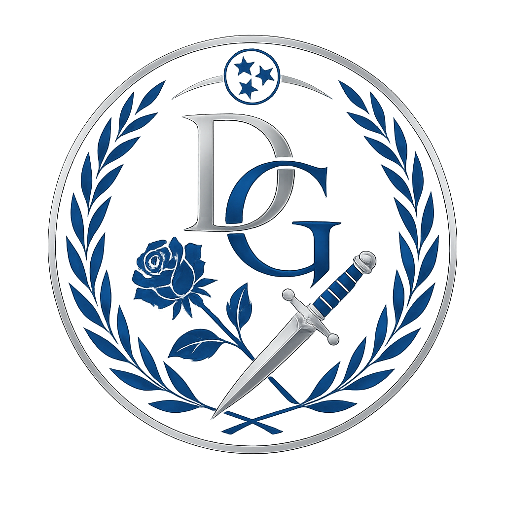 A circular emblem with a blue laurel wreath, a silver sword, and the interconnected letters D and G at the center, with a background composed of the Italian flag colors: green, white, and red.