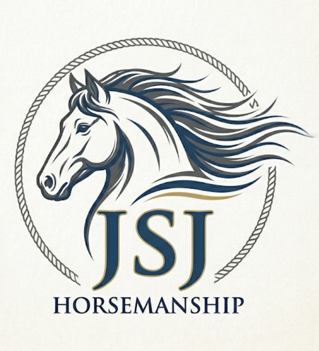 Logo featuring a stylized horse head with flowing mane, encircled by a rope, and the text 'J S J' and 'HORSEMANSHIP' beneath.