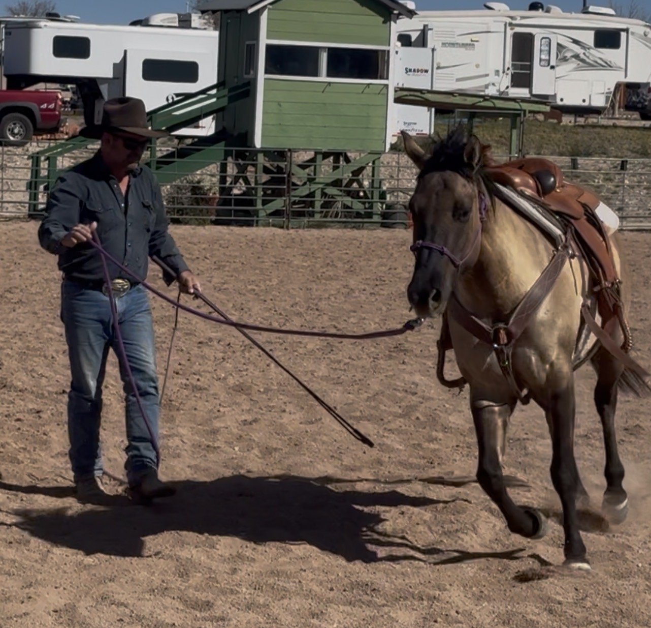 A man wearing a cowboy hat, sunglasses, a dark long-sleeve shirt, jeans, and boots is leading a brown horse with a saddle in a dirt arena. In the background, there are large white trailers and a green building.
