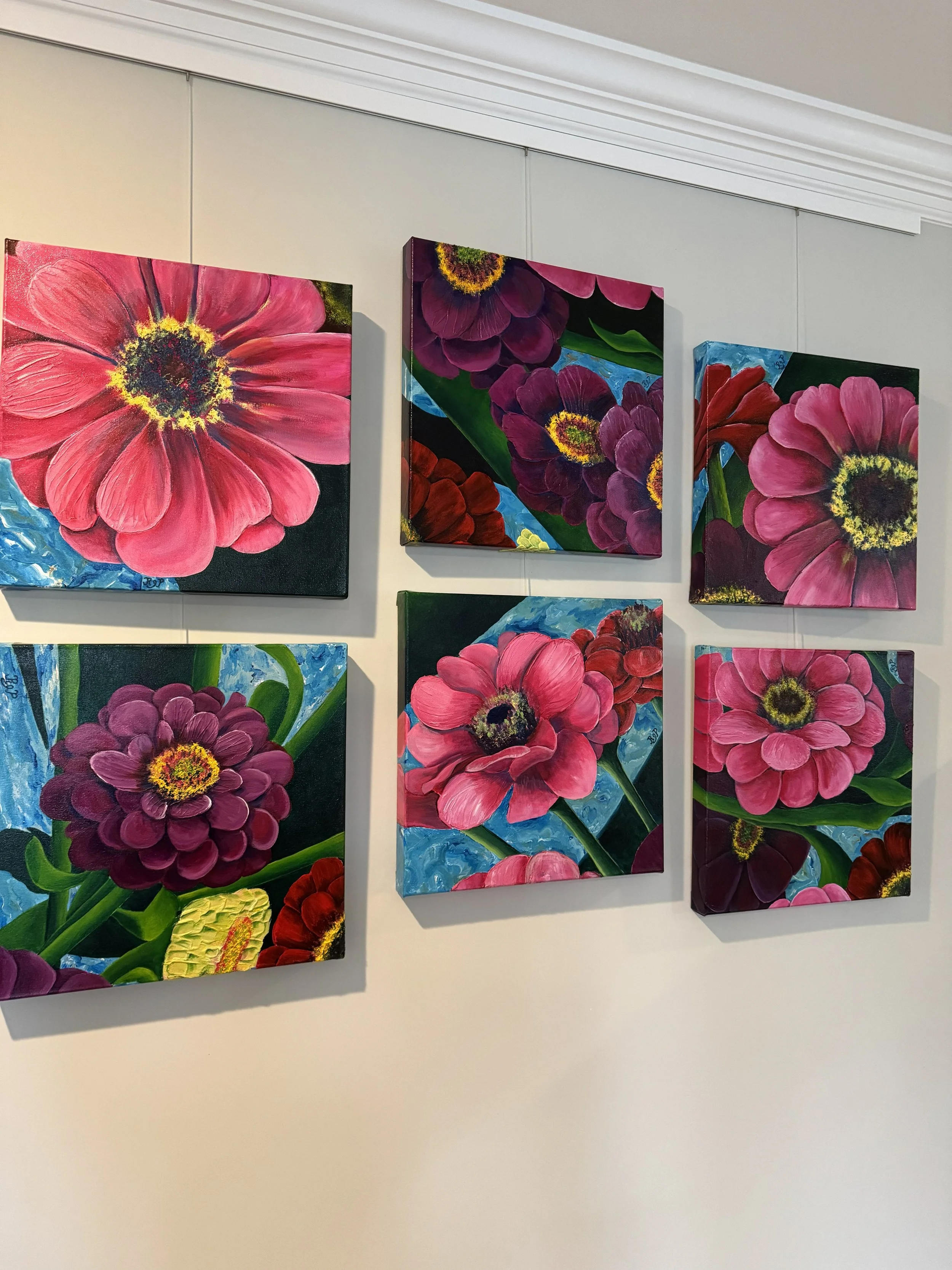 Zinnia Series Horizontal, 2025, Acrylic, texture medium on canvas, each 16x16