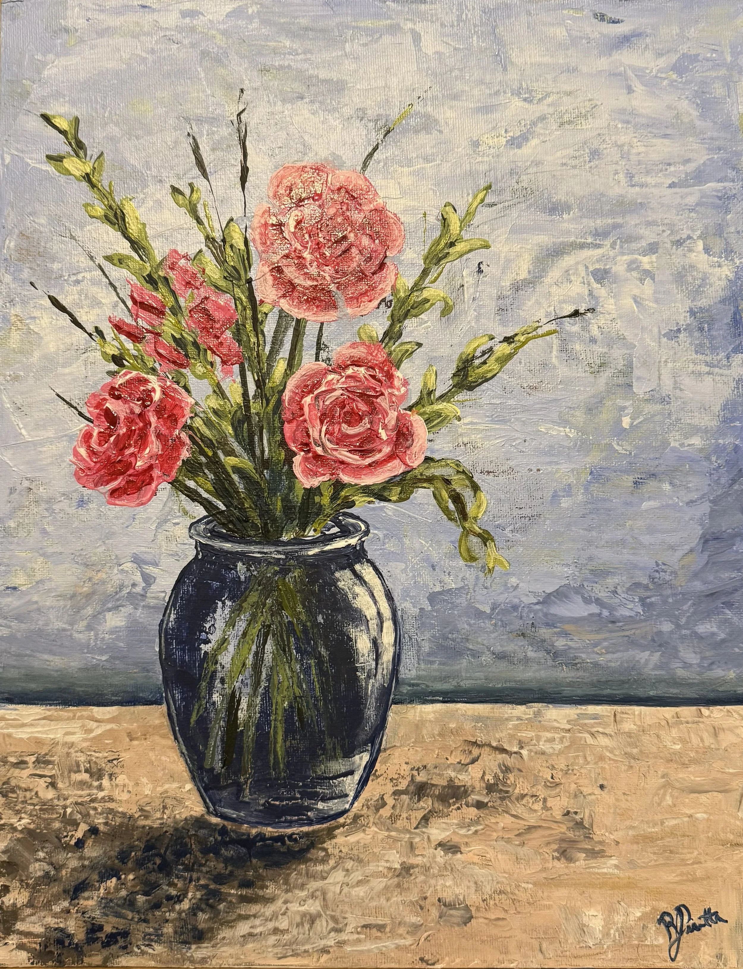 Carnations in Blue Glass, 2025, Acrylic on Canvas, 11x14