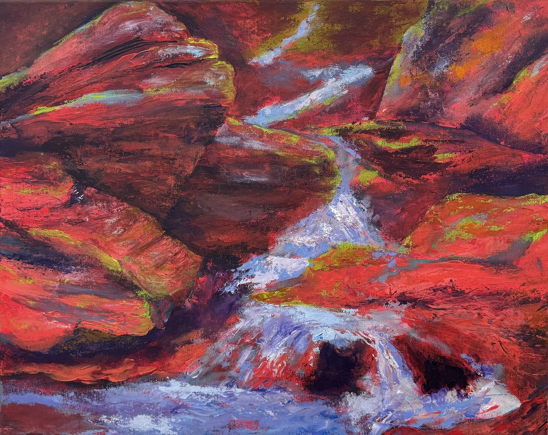 And the Waters Dance, 2026, 20 x 16, Acrylic on Canvas, painting wraps gallery edges. $225. Inspiration: Crabtree Orchard Falls, Valle Crucis, NC