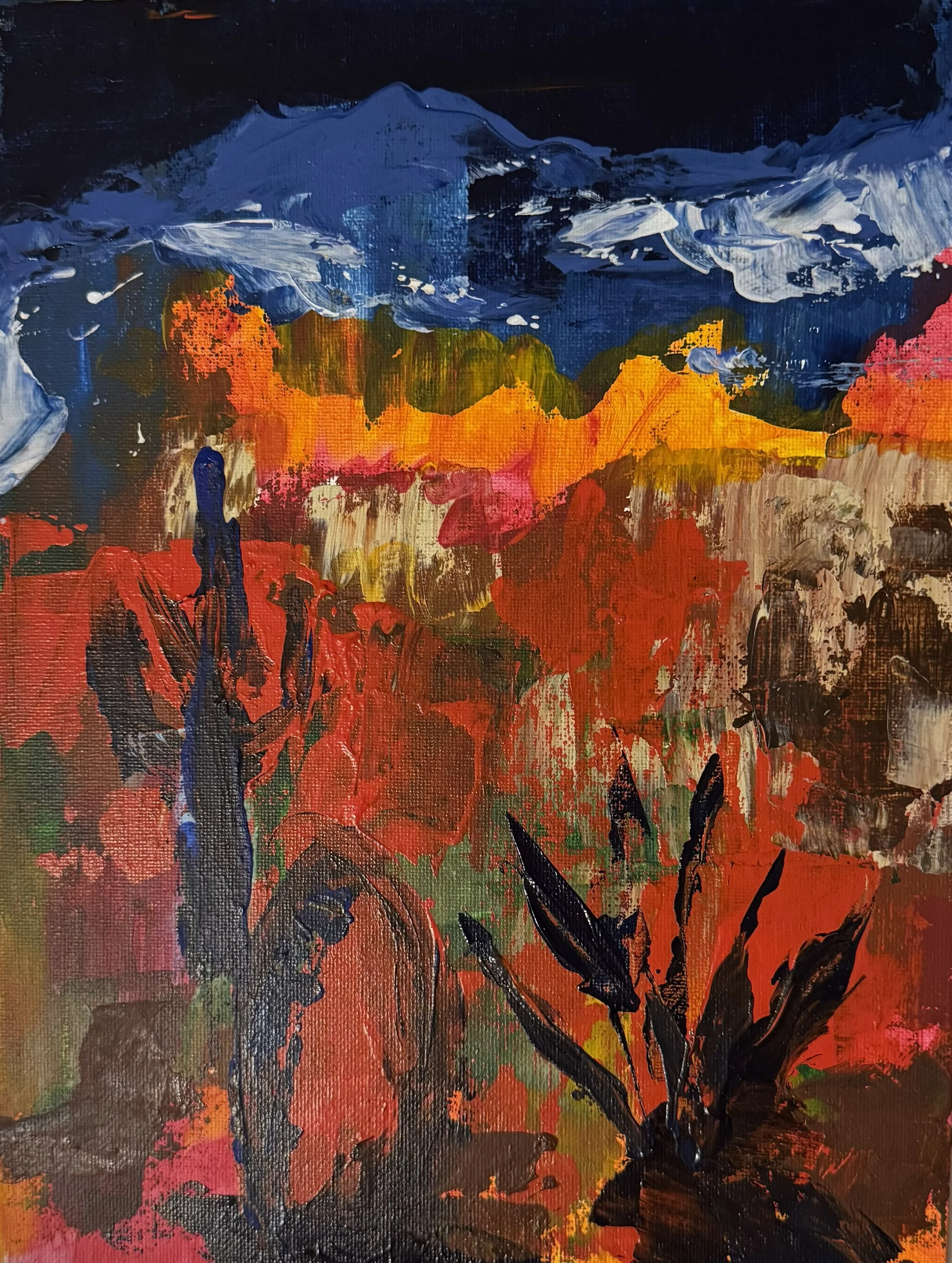 Hot Blue Cacti, 2026, Acrylic on Canvas Board, 9x12