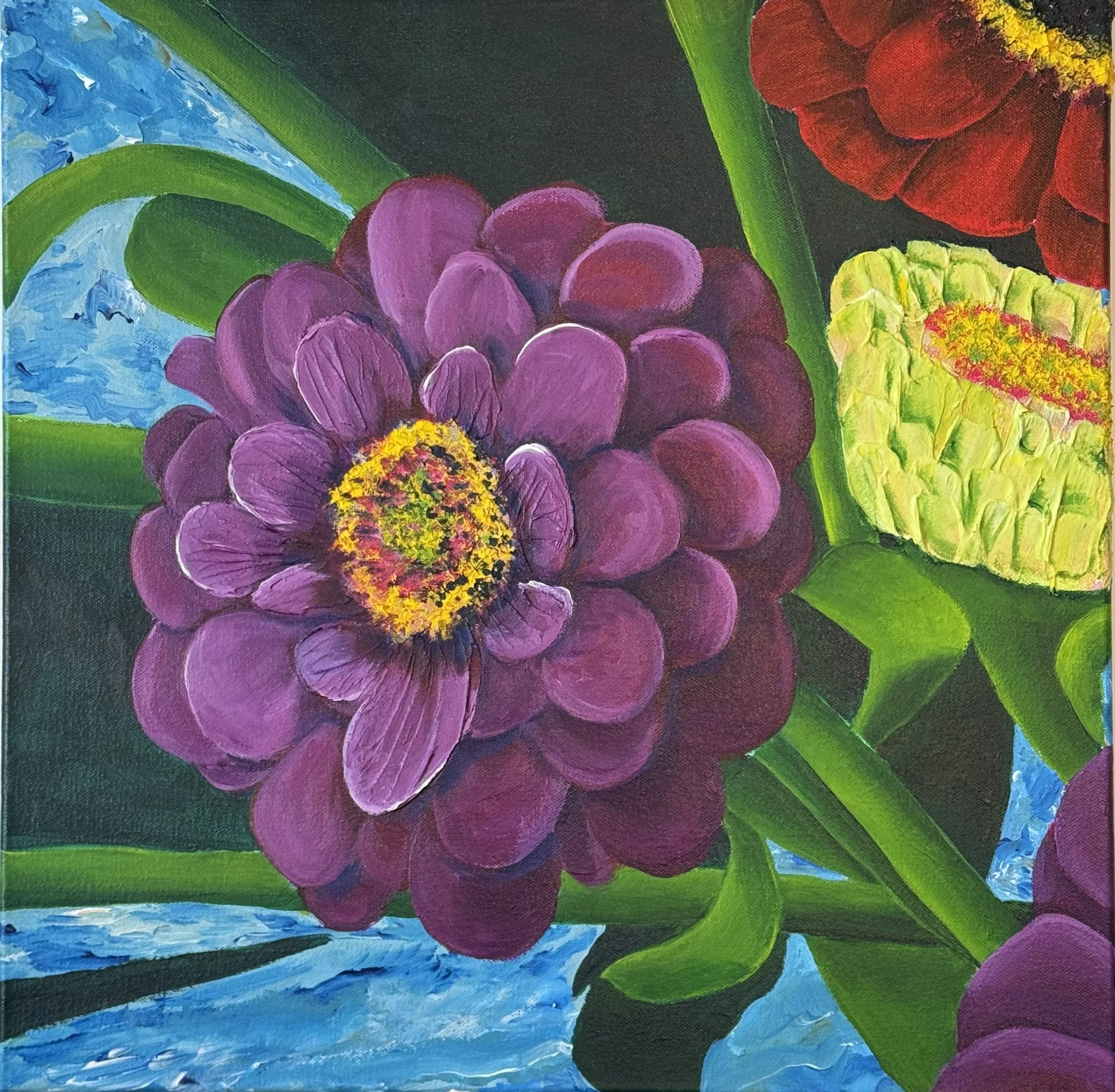 Zinnia Series 4 Purple, 2025, Acrylic and Texture Medium on Canvas, 16x16