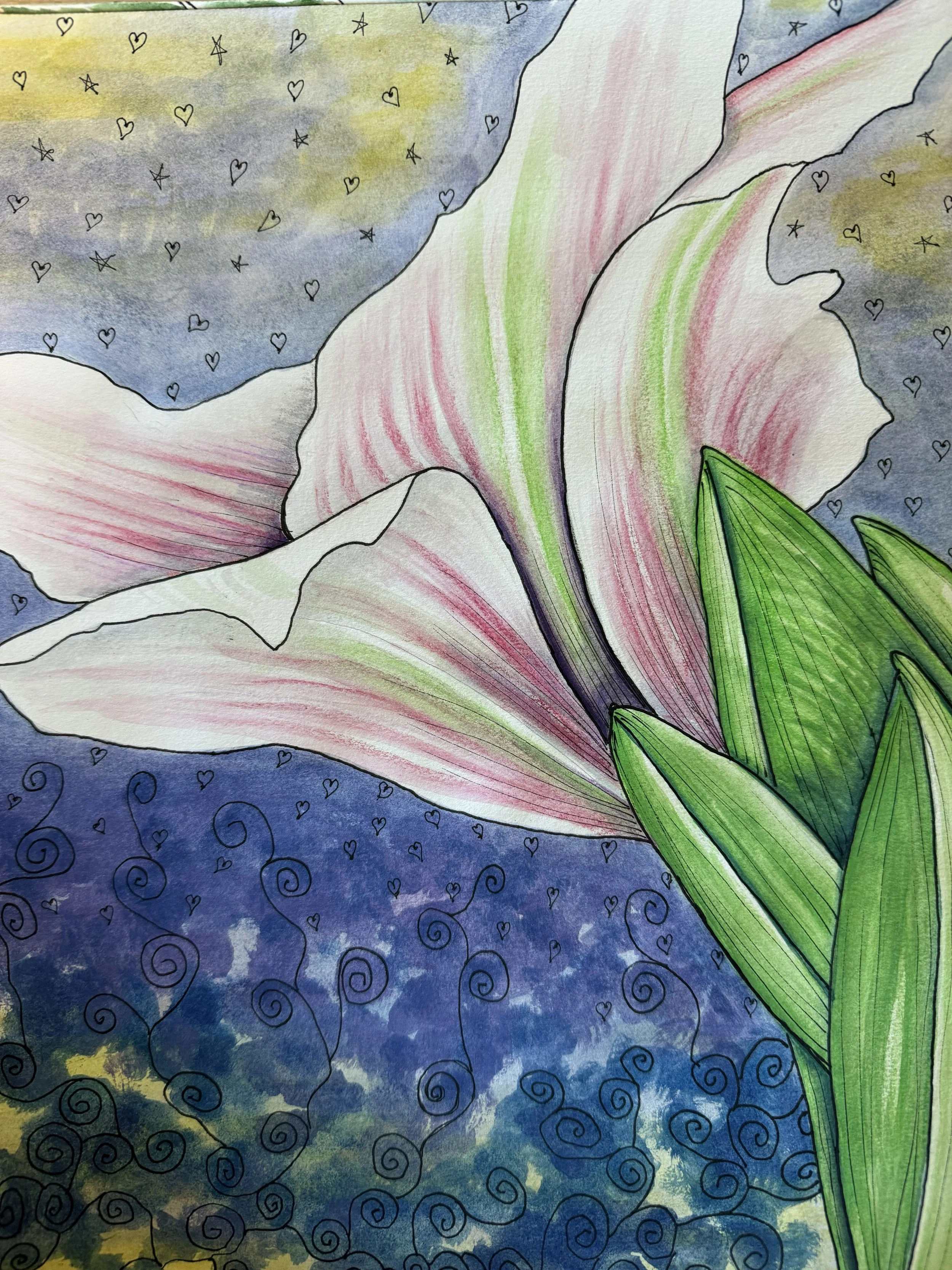 Amaryllis at the Pool, 2024, Watercolor and Ink, 9 x 12