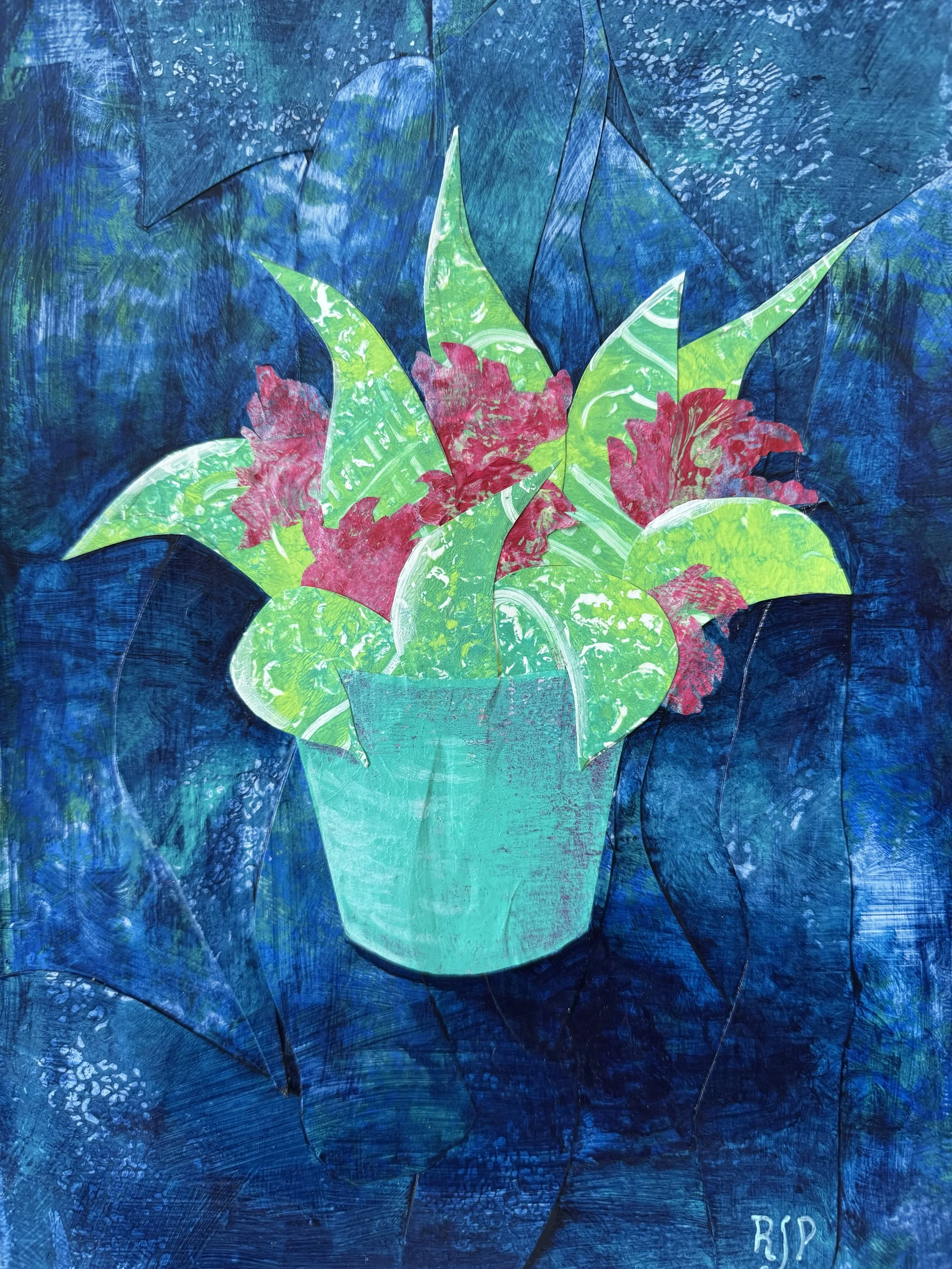 Christmas Cactus in the Sea, 2025, Collage, acrylic and colored pencil, 8x10