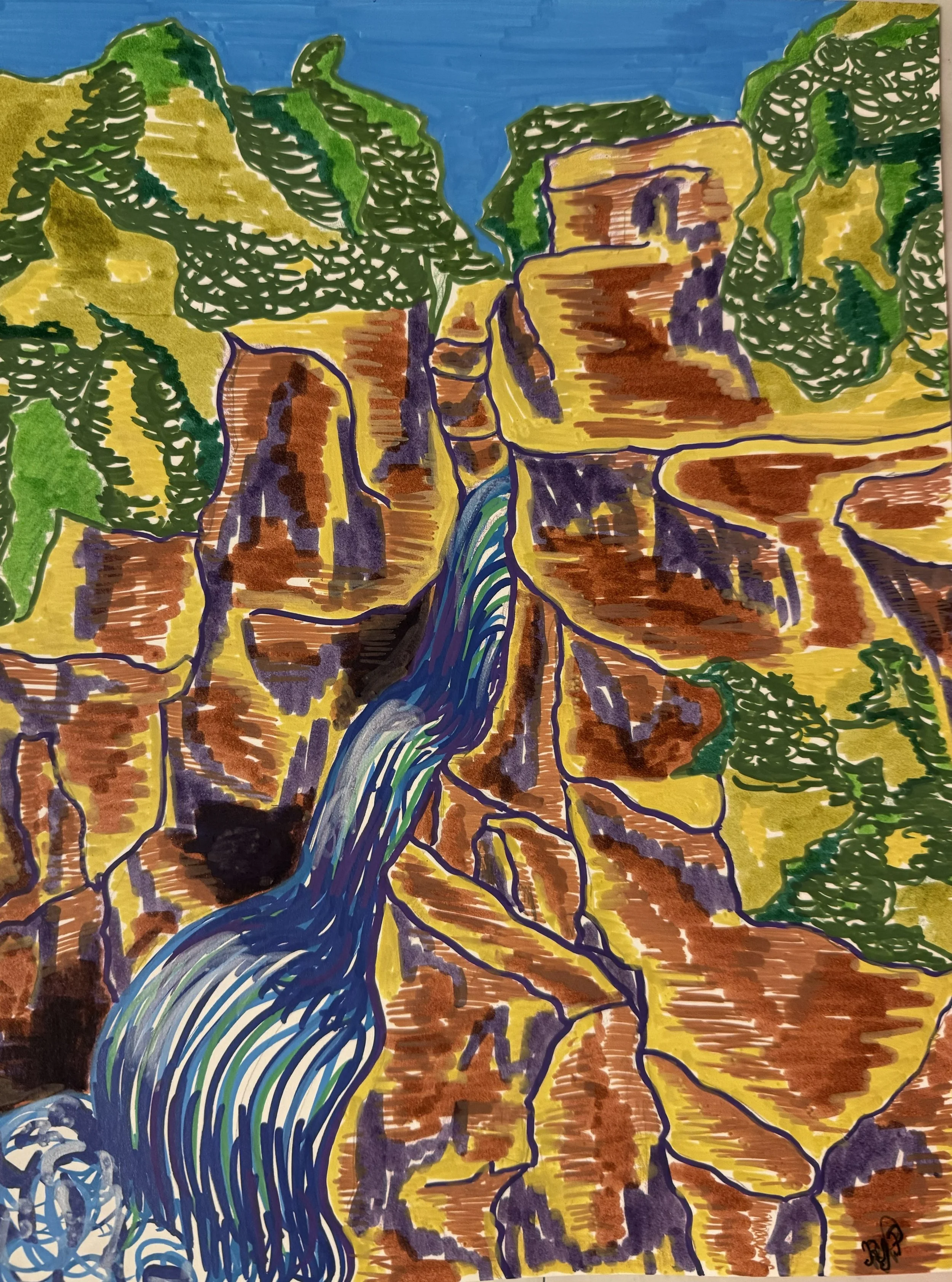 Falls Through Rock, 2025, Acrylic Marker on Board, 8x10