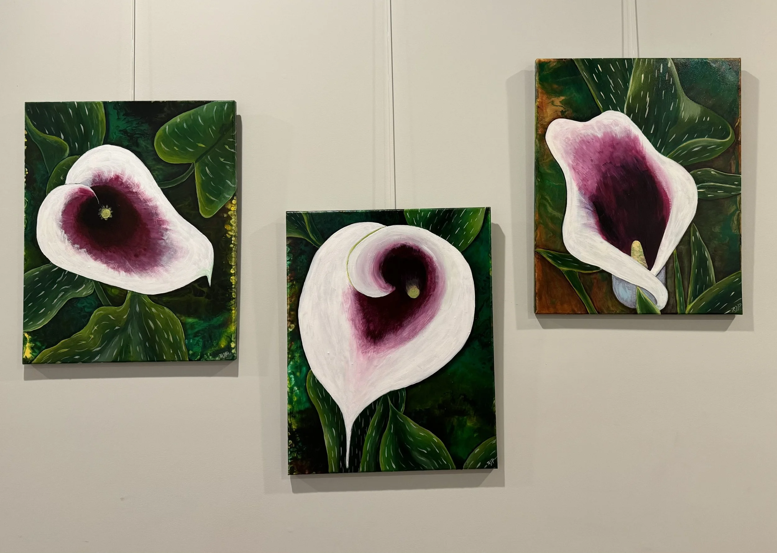 Da Vinci Calla Lily Series, 2022, Acrylic painting over pouring on canvas, each 16x20