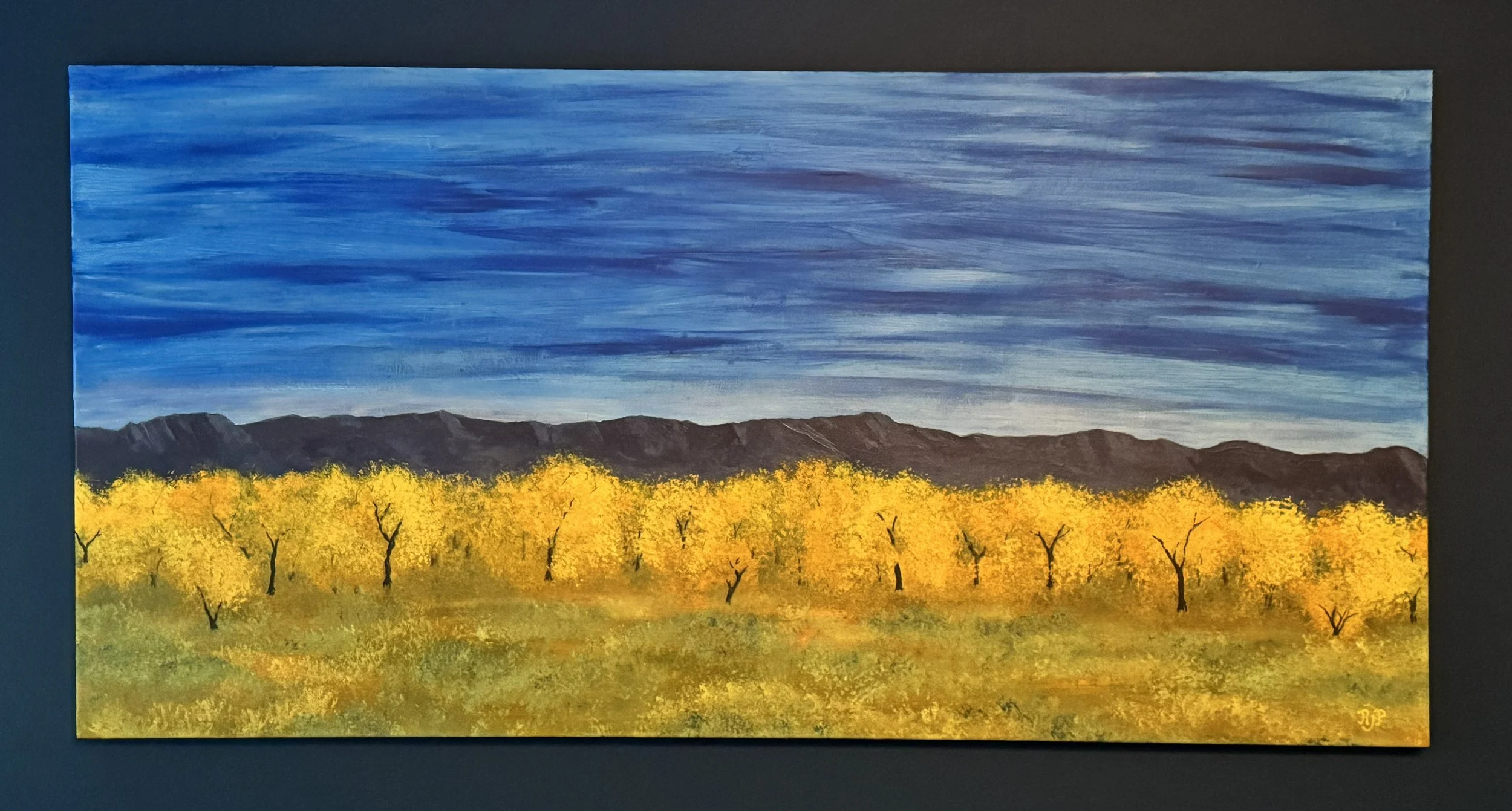 Cottonwoods on the Rio, 2026, Acrylic on Canvas, 48x24, NFS, Happy to do a similar commission.