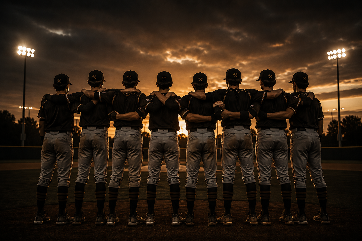 A baseball team standing arm-in-arm on the field at sunset, wearing black jerseys and gray pants, with stadium lights in the background.