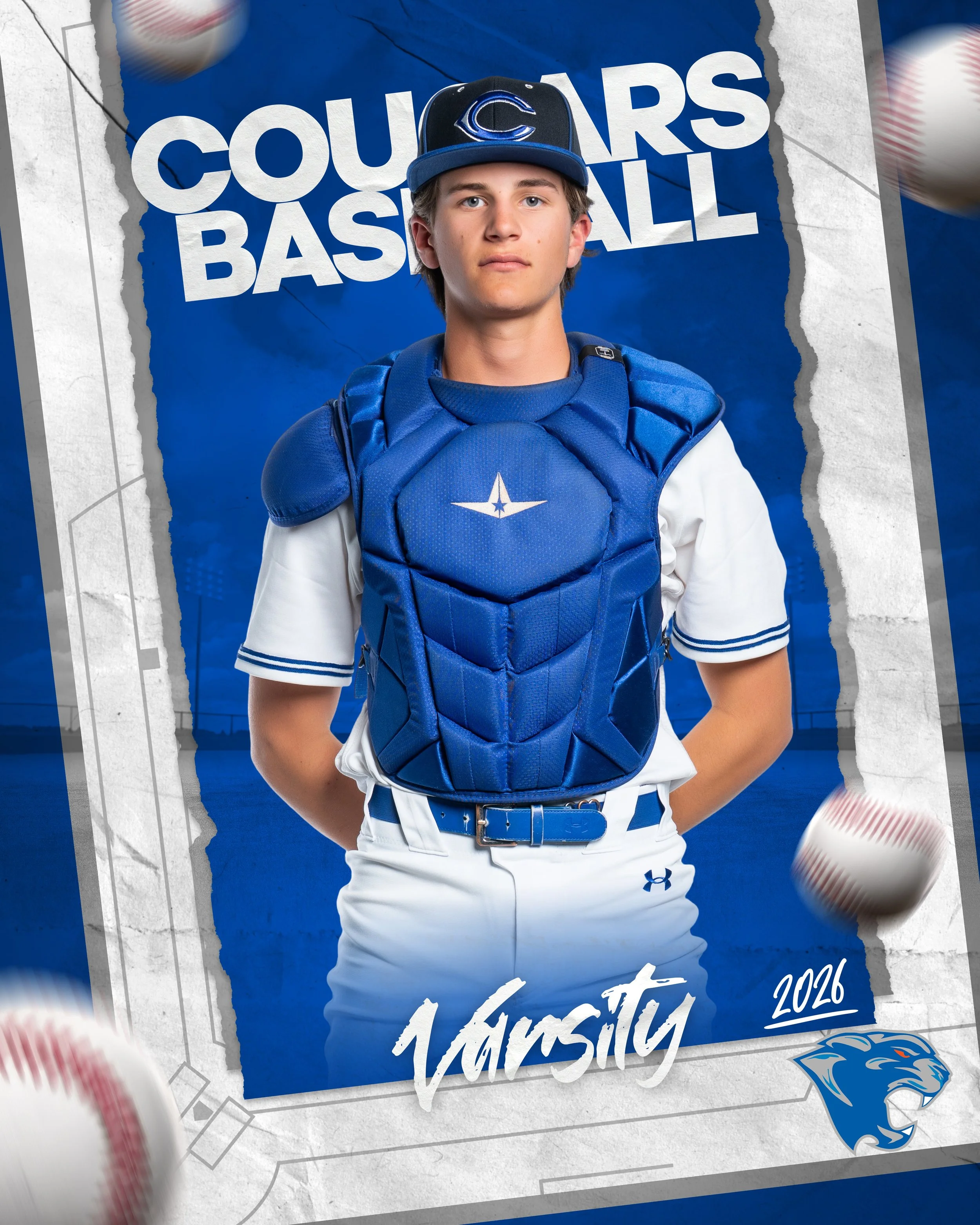 A young man wearing a baseball uniform and a cap with a 'C' logo, standing in front of a poster that says 'Courage, Baseball, 2026', with baseballs in motion around him.