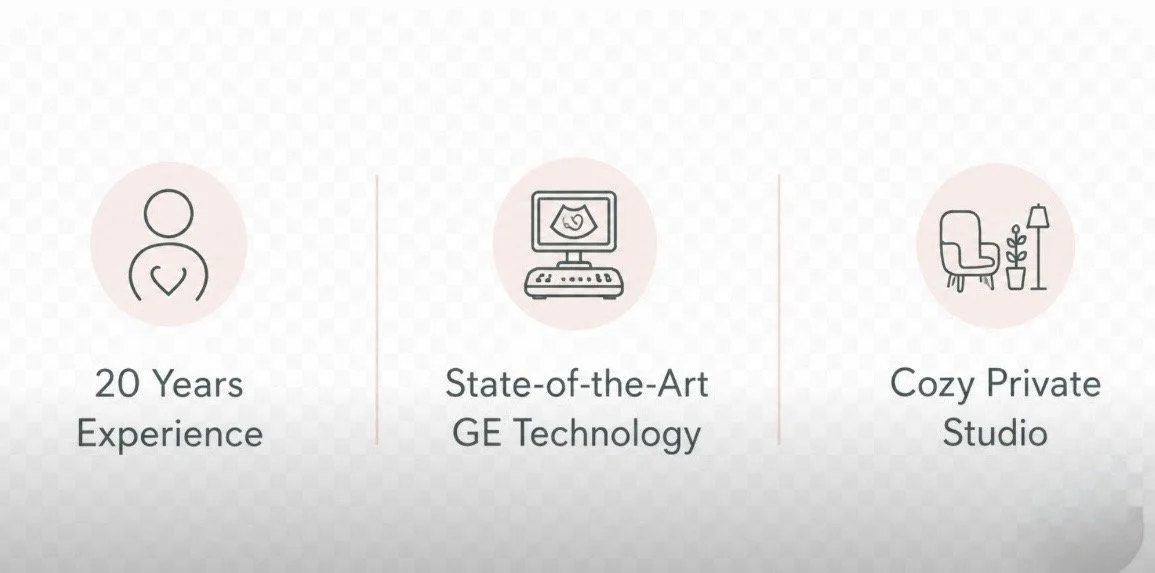 Three icons with text: a person with a heart symbol and "20 Years Experience," a computer with an ultrasound image and "State-of-the-Art GE Technology," a cozy armchair with a floor lamp and plant with "Cozy Private Studio."