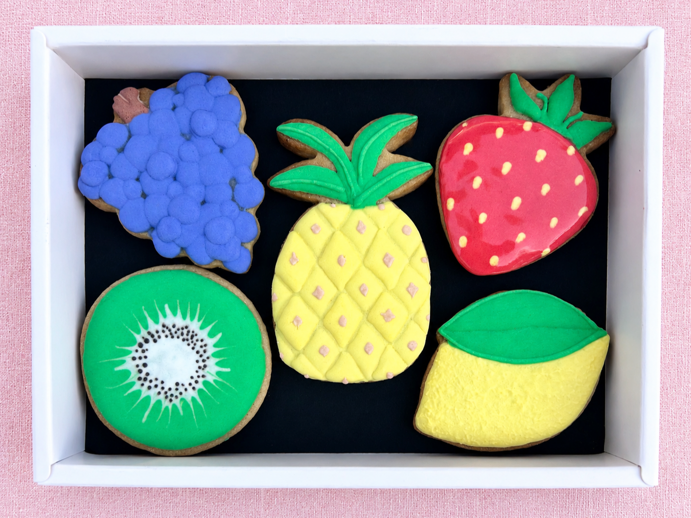 Fruit shaped hand-iced biscuits in gift box, made in oxfordshire, for gifts, thank yous and celebrations, also available to decorate in Cookie Cupid icing workshops and available for delivery across UK