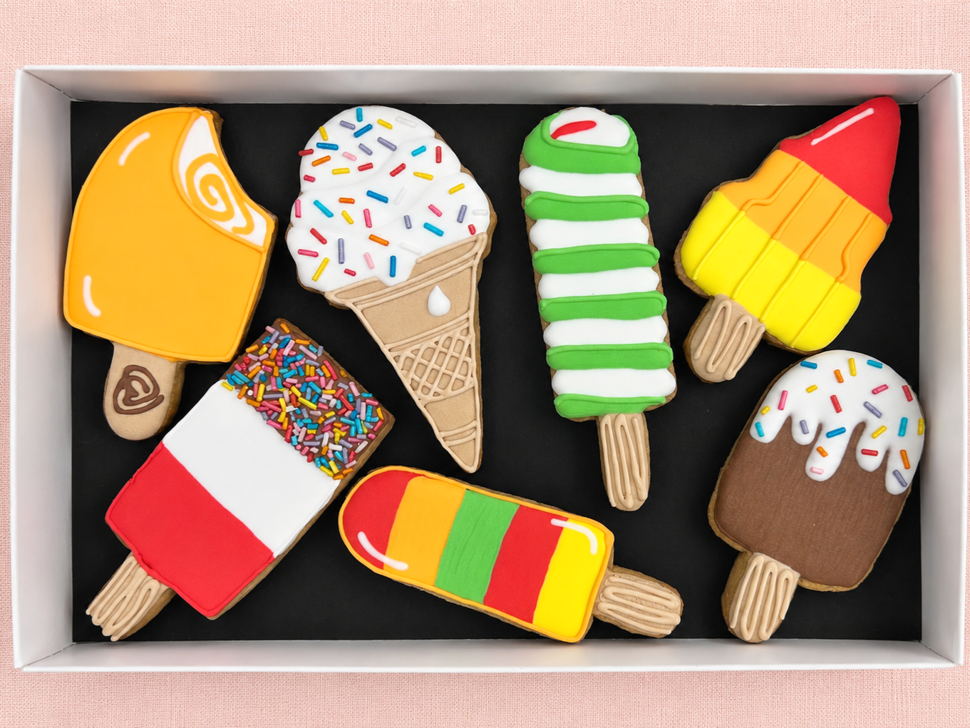 Classic British iced lollies as hand-iced delicious biscuits for delivery in gift boxes across UK, Learn to decorate your own, we travel to you to run biscuit icing workshops