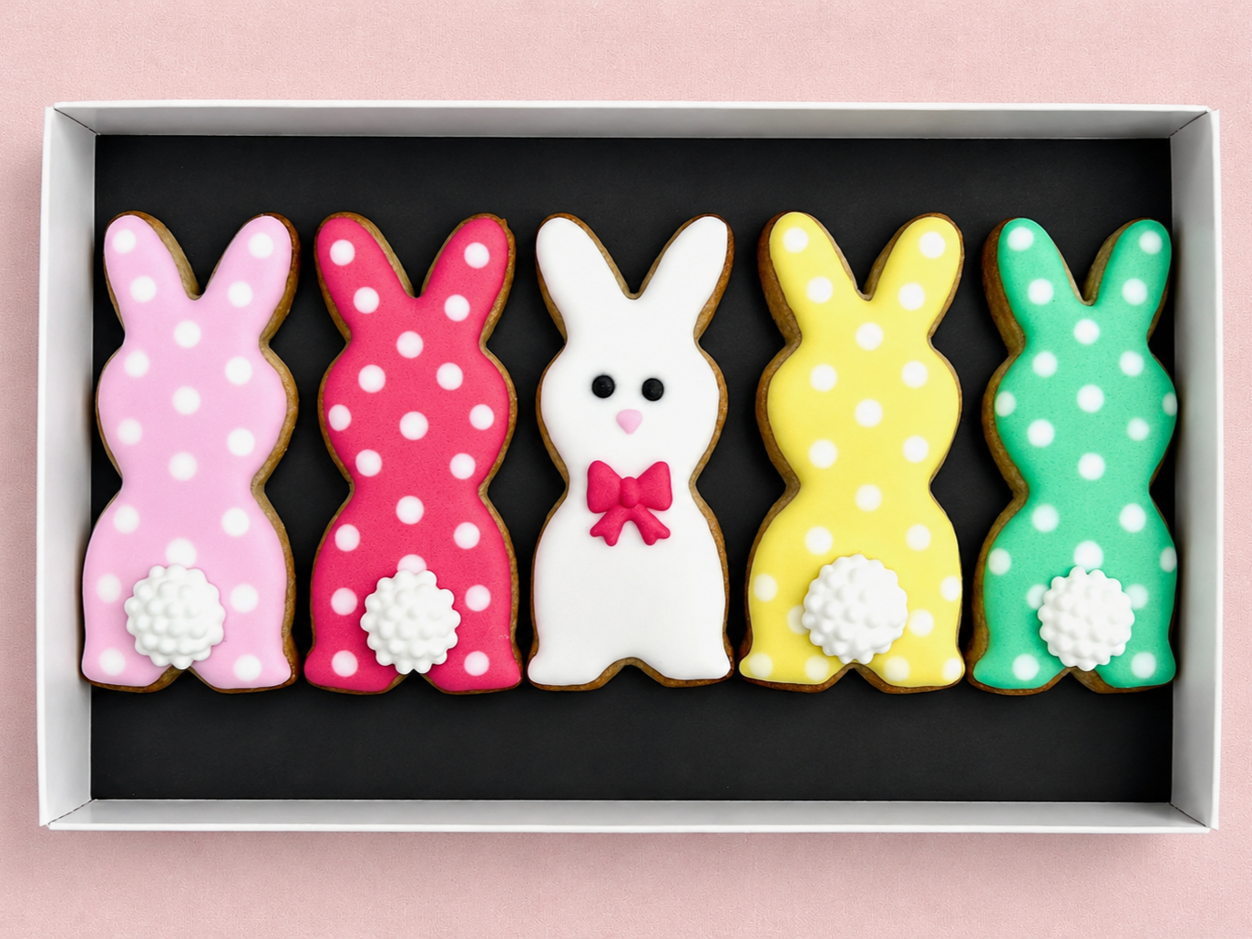 five hand-iced easter bunny iced biscuits make the perfect easter or thank you gift. Delivery across the UK and also biscuit icing workshops in Greater London, Oxfordshire, Berks and Bucks. We travel to you.