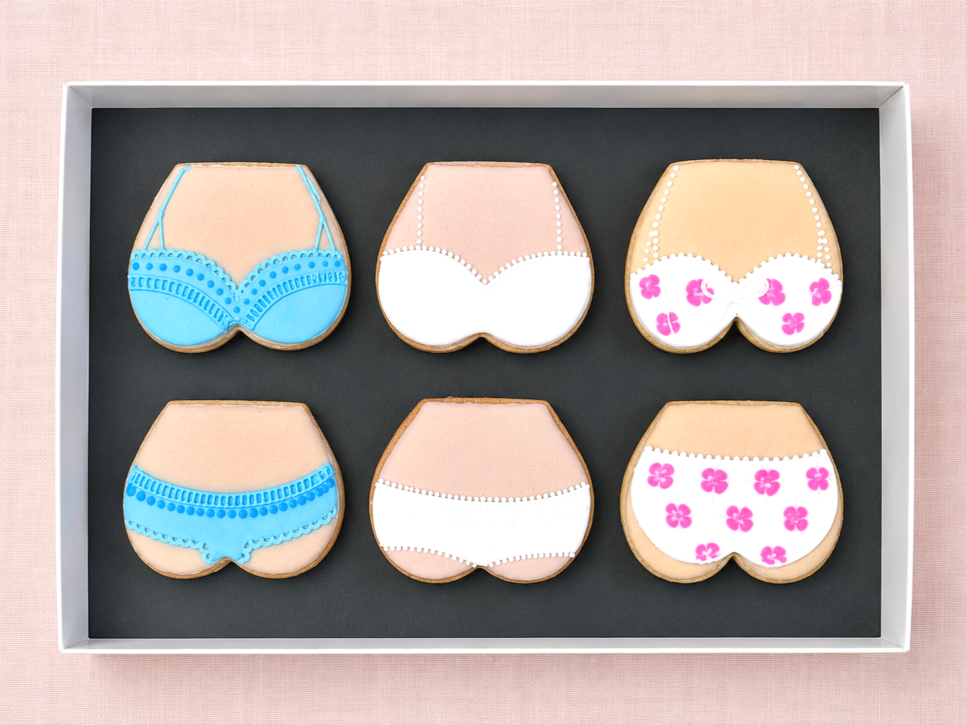 Lacy lingerie hand-iced biscuits in gift box, made in oxfordshire, for gifts, hen parties, girls' nights and celebrations, also available to decorate in Cookie Cupid icing workshops and for delivery across the UK