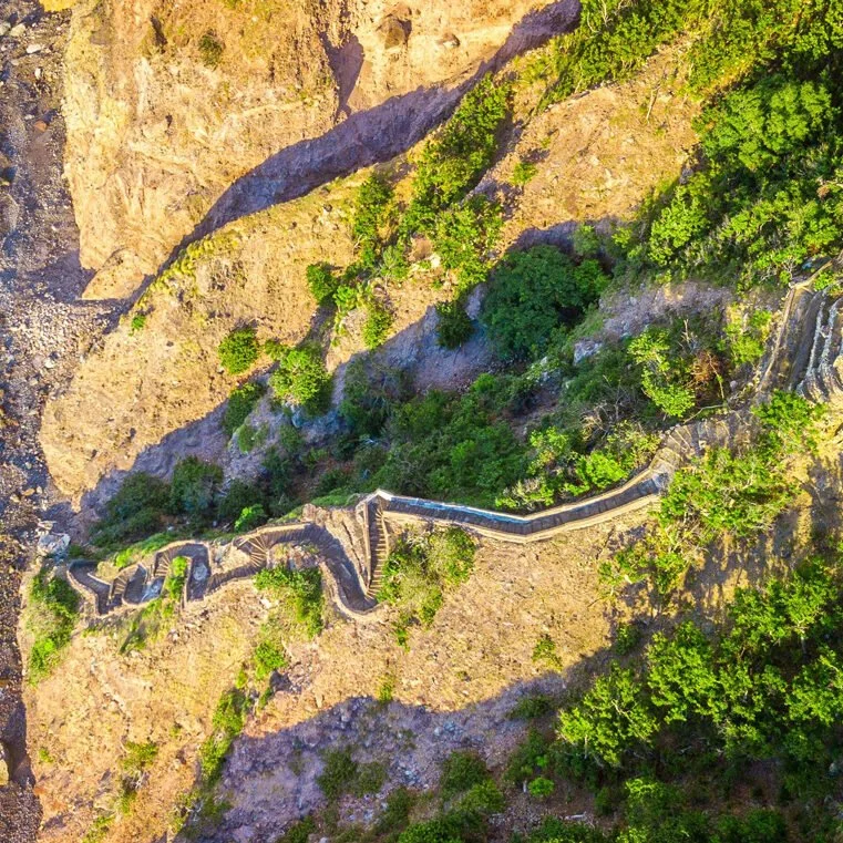 A winding staircase and walkway built along a mountainside, with lush green trees and rocky terrain.