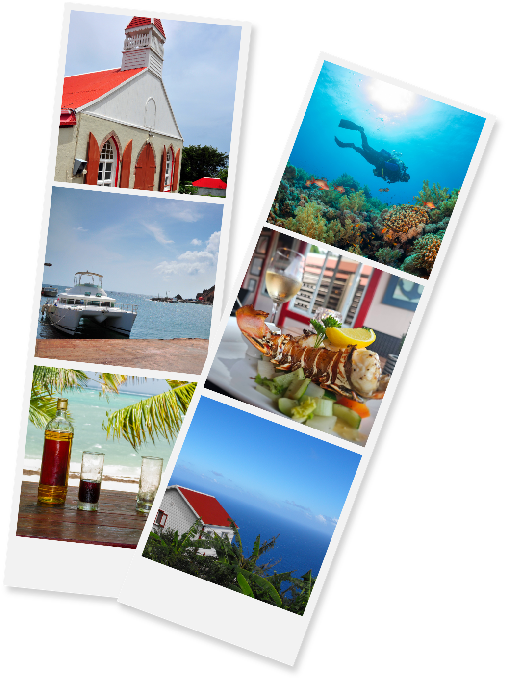 A collage of travel and vacation scenes including a church with a red roof, a boat docked at a marina, a scuba diver underwater exploring colorful coral reef, a glass of white wine with seafood, a bottle of oil and glasses of juice on a tropical beach, and a seaside house with a red roof overlooking the ocean.