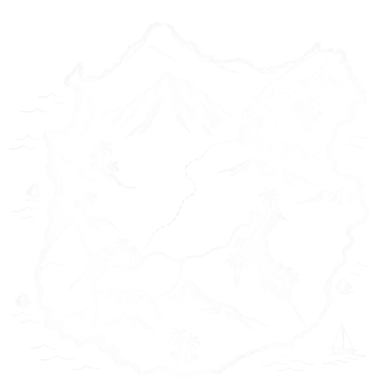 A black and white fantasy map featuring mountains, forests, rivers, and a central lake with surrounding terrain and pathways.