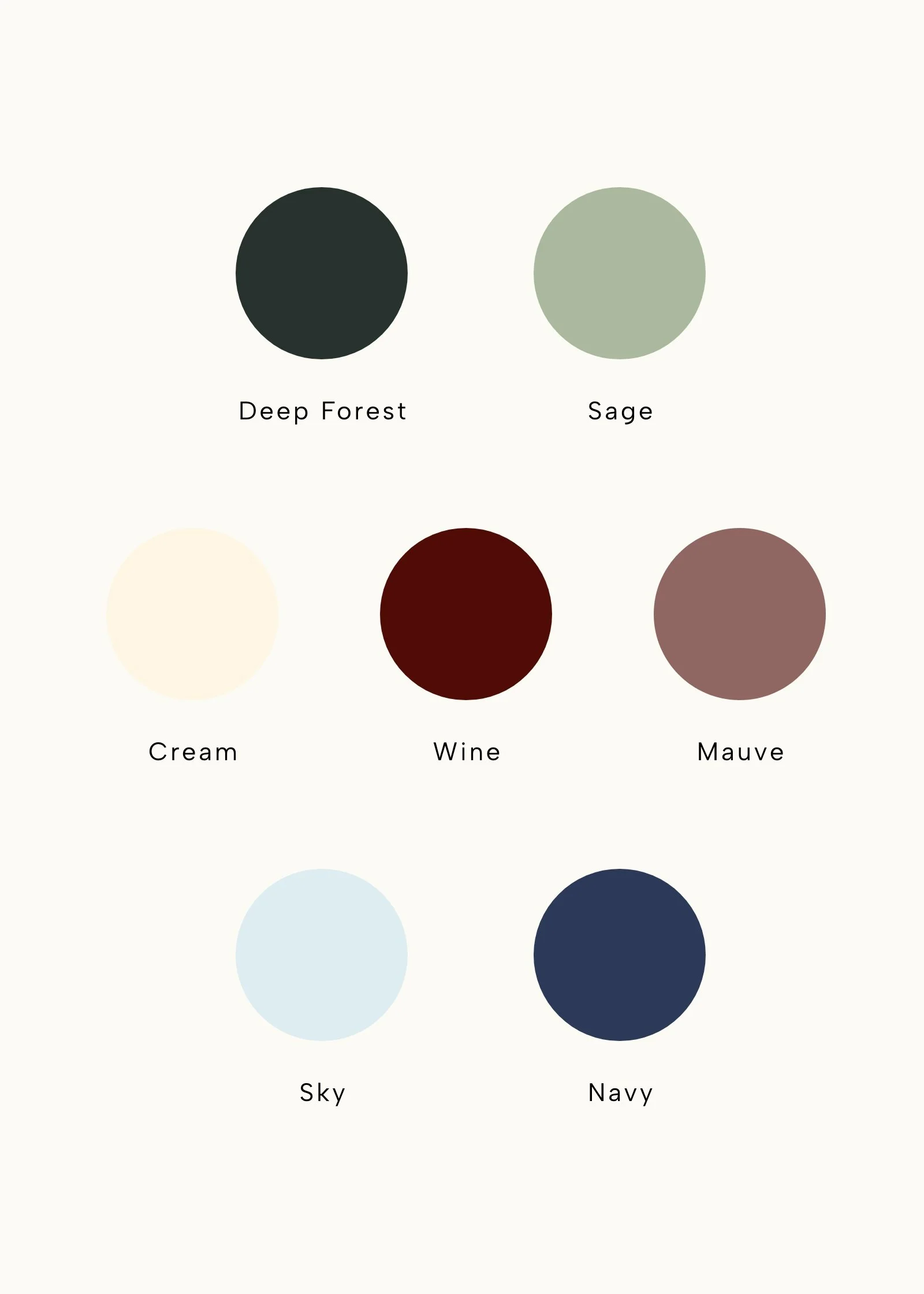 Color palette with six circular color swatches labeled Deep Forest, Sage, Cream, Wine, Mauve, Sky, and Navy.