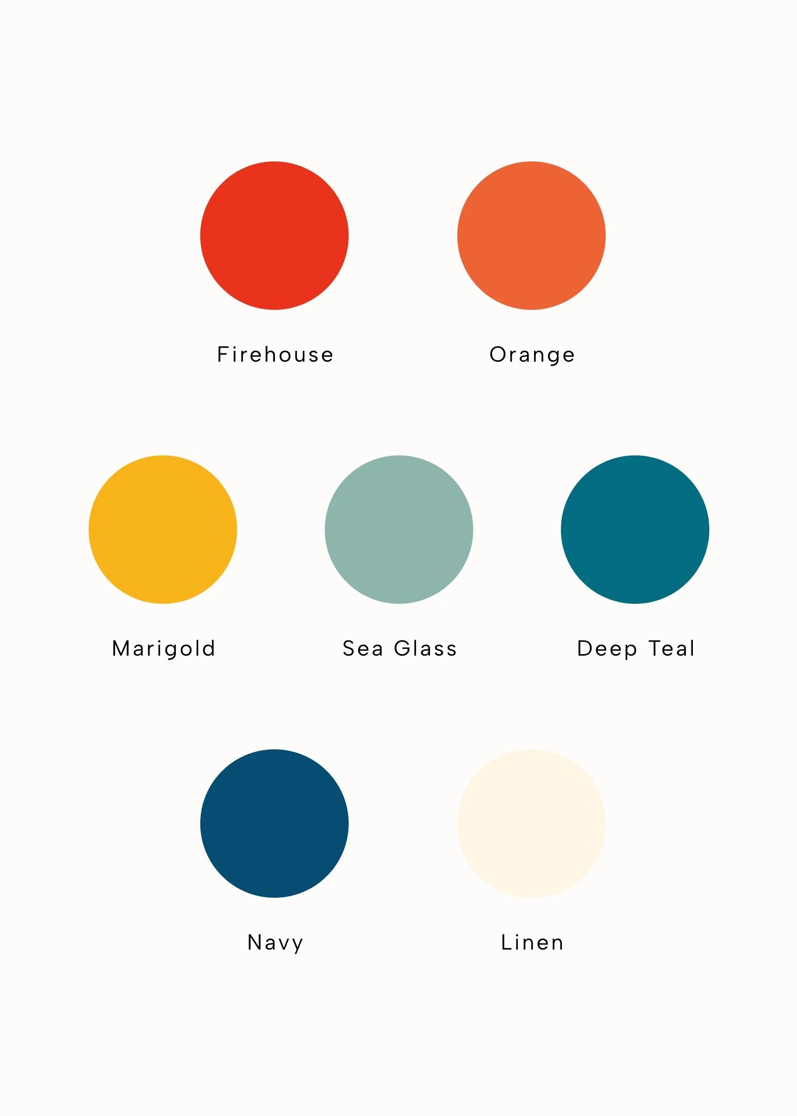 A color chart showing different fabric colors with their names, including Firehouse, Orange, Marigold, Sea Glass, Deep Teal, Navy, and Linen.