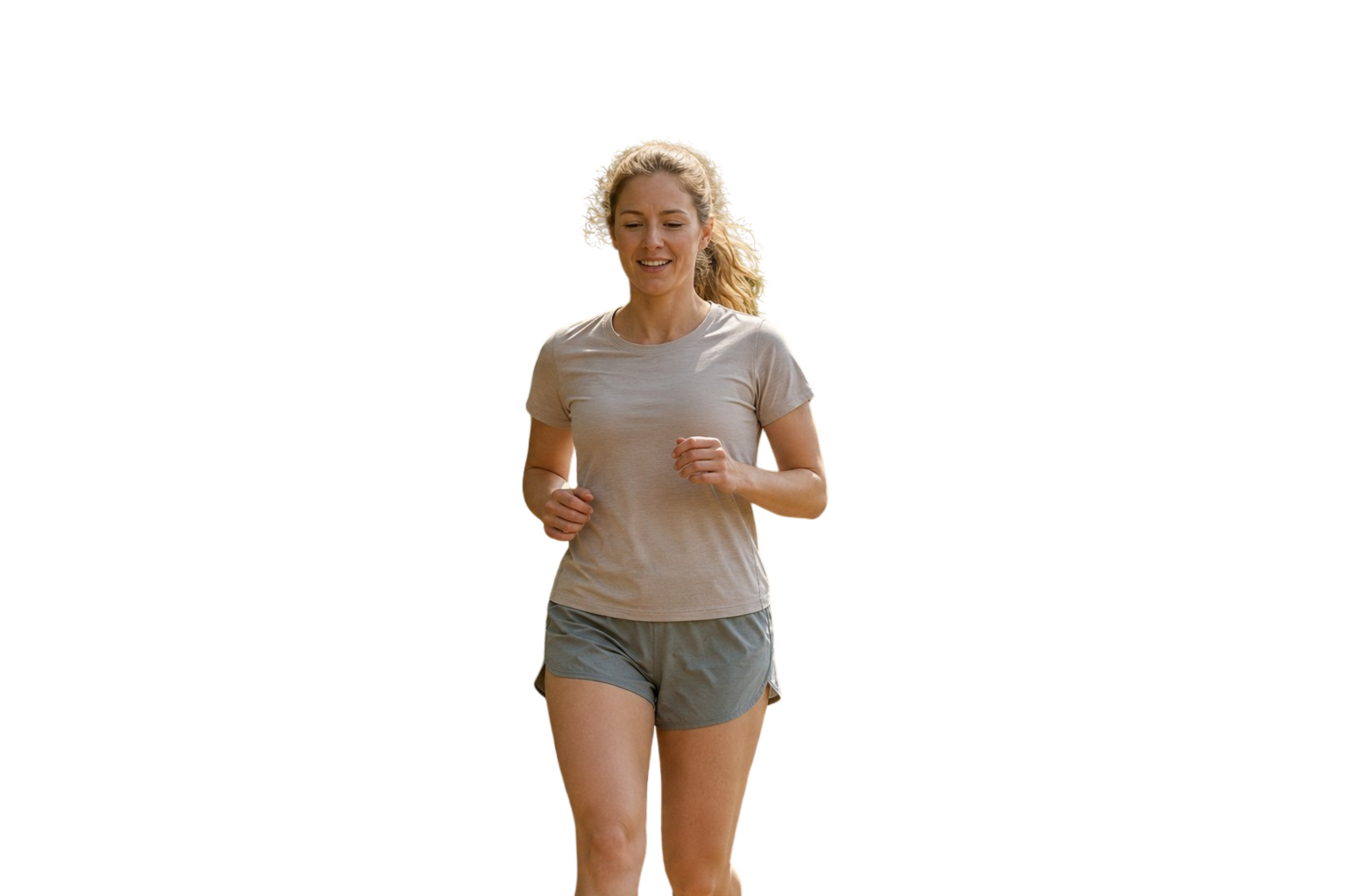 A woman jogging outdoors wearing a gray t-shirt and shorts, with blonde hair tied back.