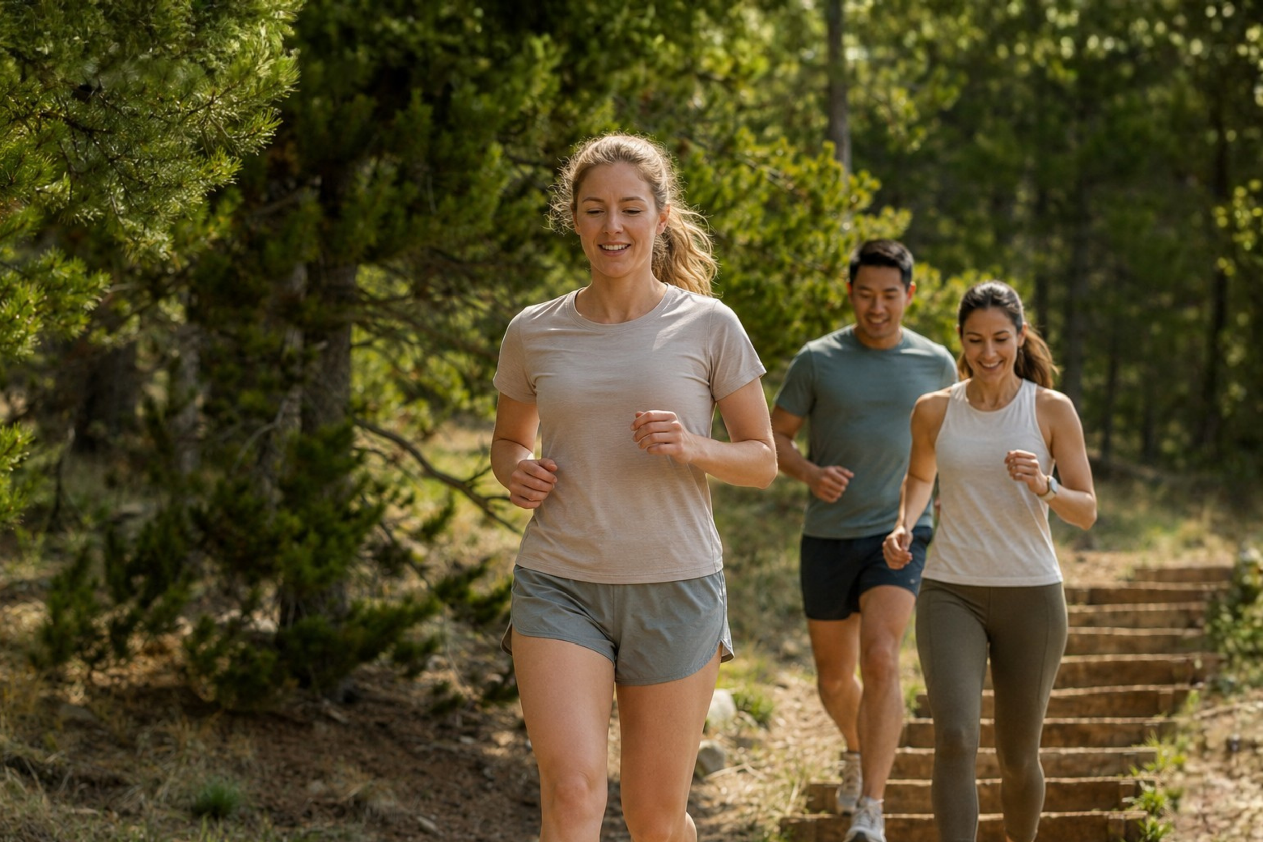 A group of four people, two women and two men, are jogging outdoors on a trail surrounded by green trees.