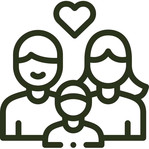 Line art of a family with a child, surrounded by hearts.