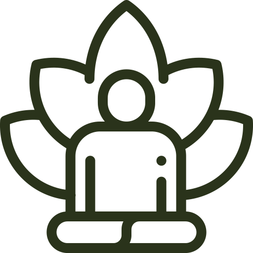 Line art of a person squatting behind a lotus, representing yoga.