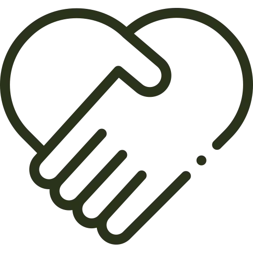 Line art of a handshake forming a heart, symbolizing partnership.