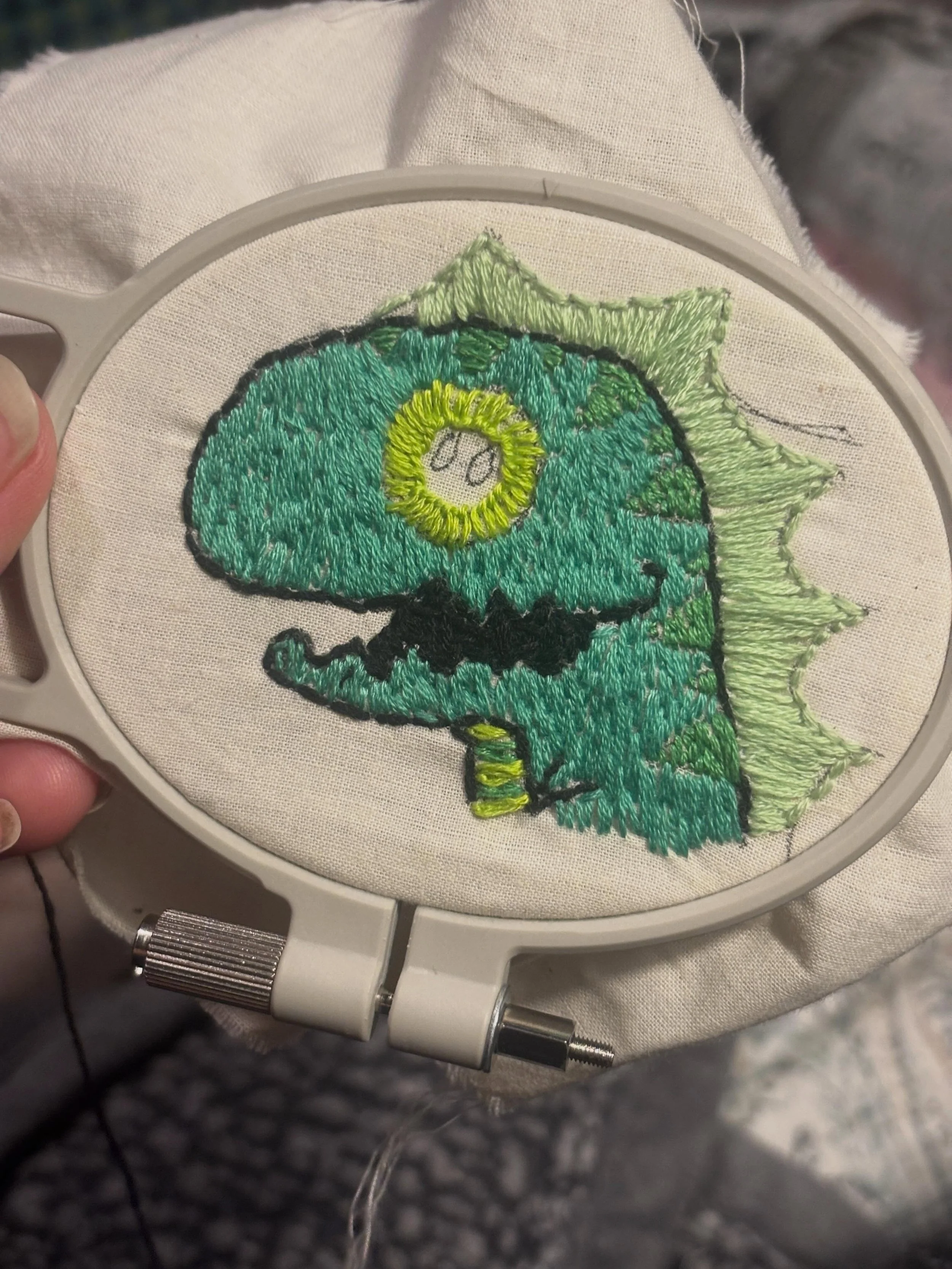 Rex is coming along nicely. Pins on his fin are next. Then I need to figure out what the background will be. I think oranges and pinks would be nice. Like a crazy quilt?