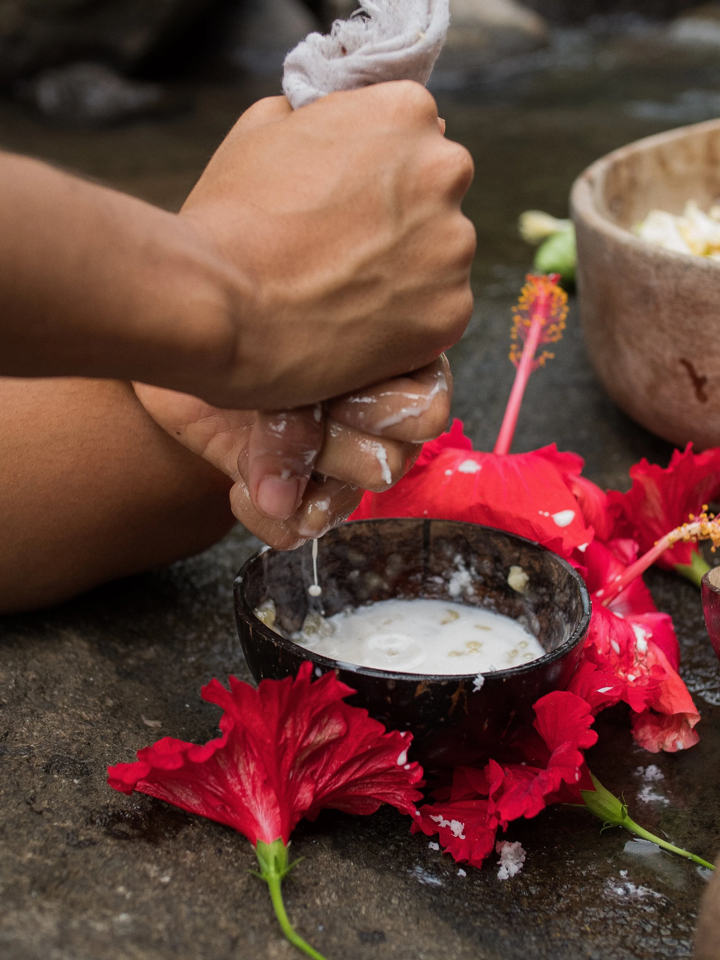 Une personne lave ses mains dans un bol avec de l'eau de source, entourée de fleurs rouges, dans un cadre naturel.