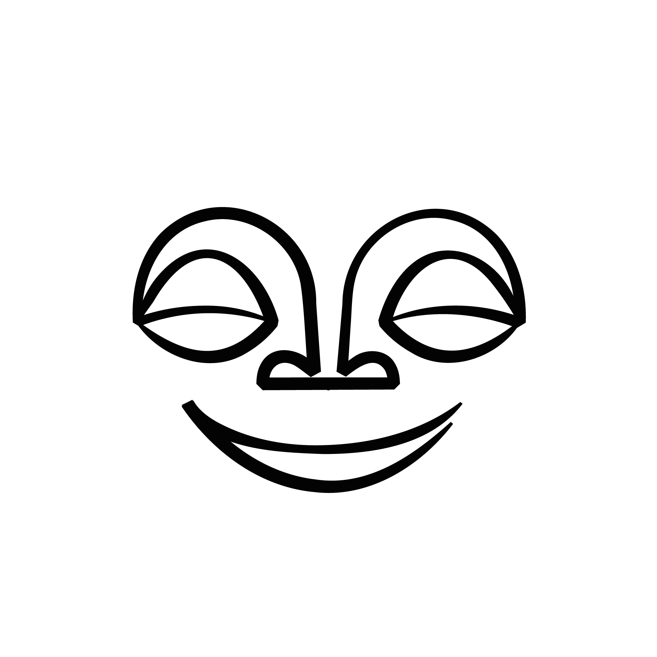 Un visage souriant simple avec deux yeux en forme de demi-cercle, un nez central en forme de petite ligne verticale, et une bouche courbe, illustré en ligne noire sur un fond blanc.