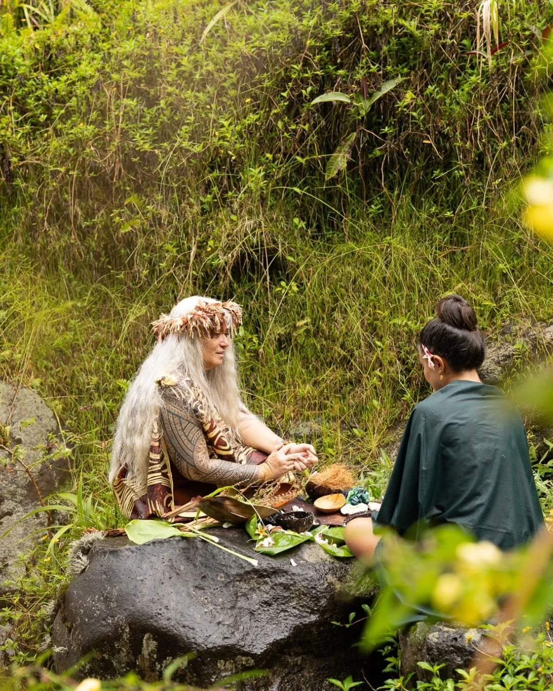 Une femme avec de longs cheveux gris, portant une couronne de fleurs, assise sur une roche, parlant à une autre femme avec une coiffure en bun, dans un environnement naturel verdoyant.
