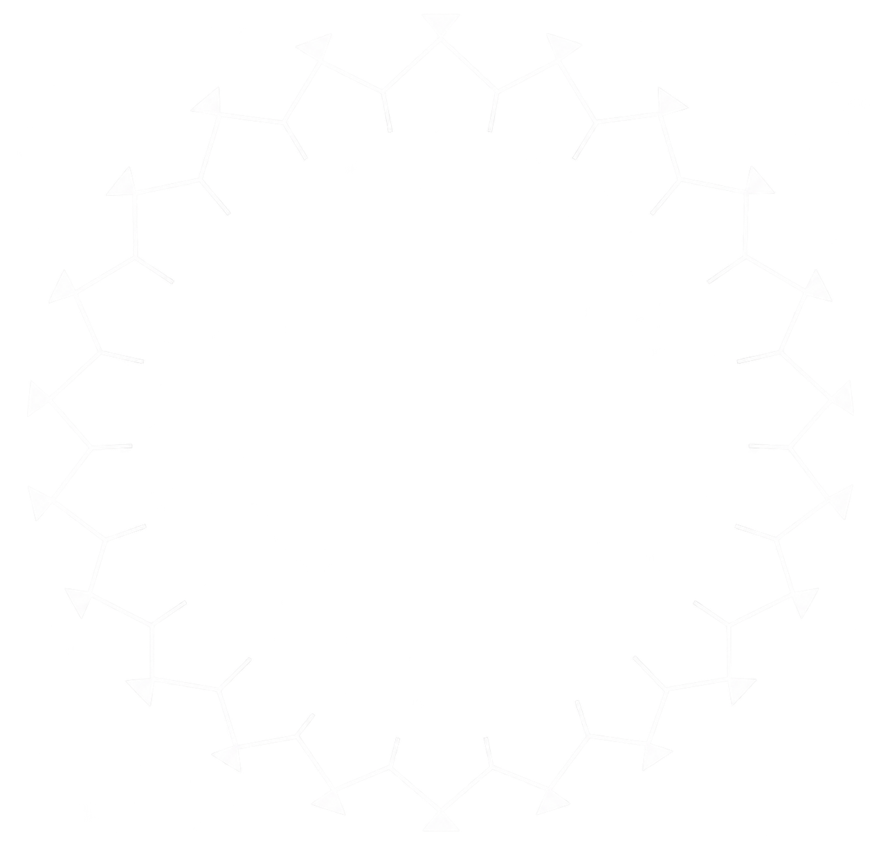 Cercle de molécules chimiques en zigzag blanc sur fond noir.