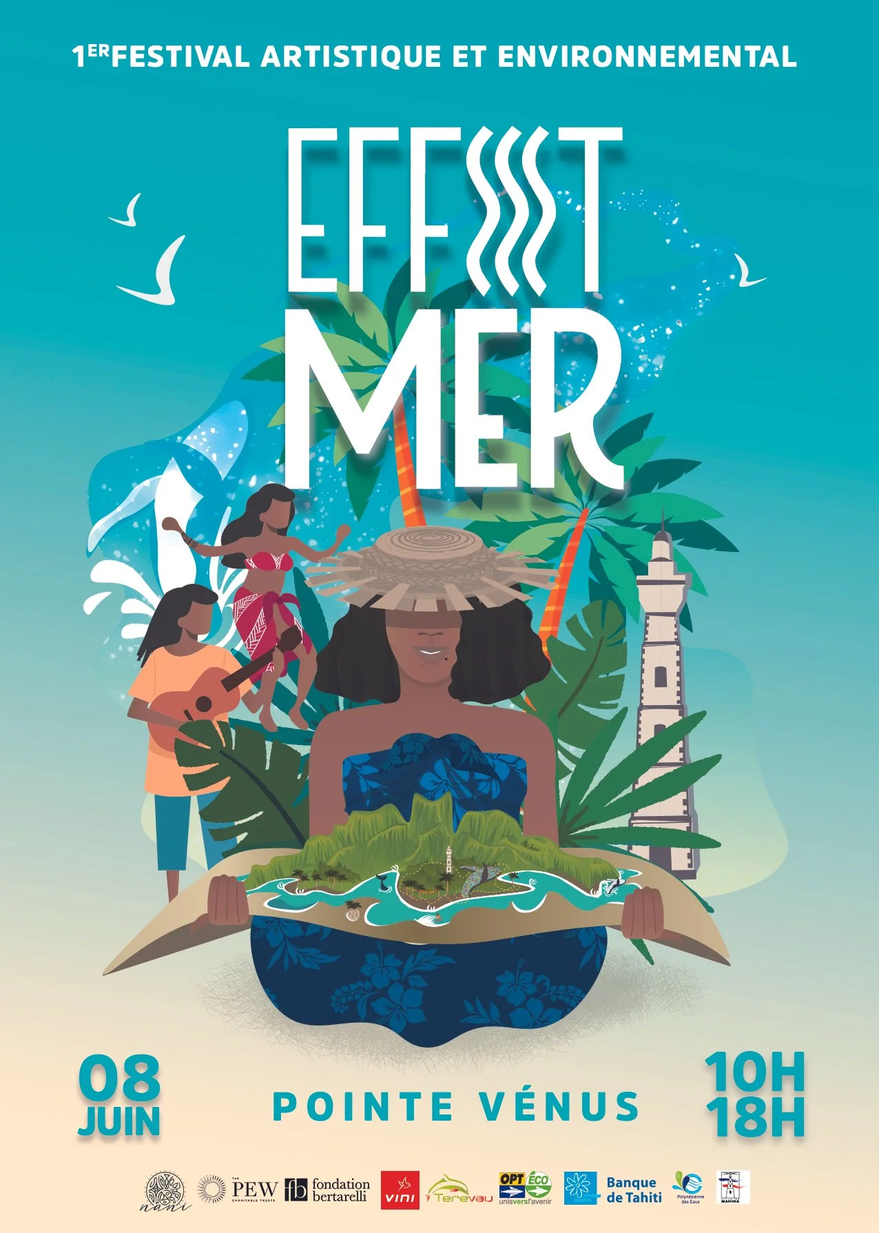 Affiche d'un festival artistique et environnemental mettant en avant la mer, avec une illustration de femmes, d'oiseaux, de palmiers, d'une tour, un bateau, une plage, et un parc naturel, avec les détails de la date, l'heure et les organisateurs.