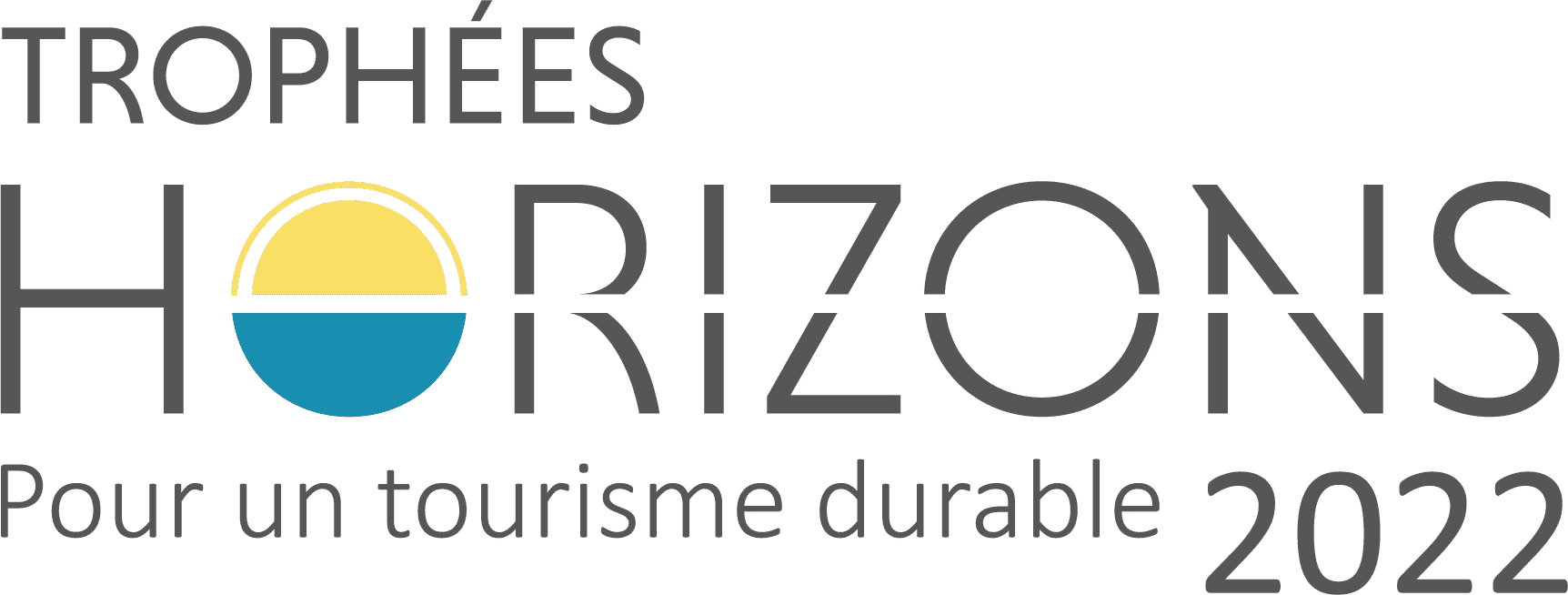 Logo de Trophées Horizons 2022 avec un soleil à moitié caché sur un fond blanc, slogan 'Pour un tourisme durable'