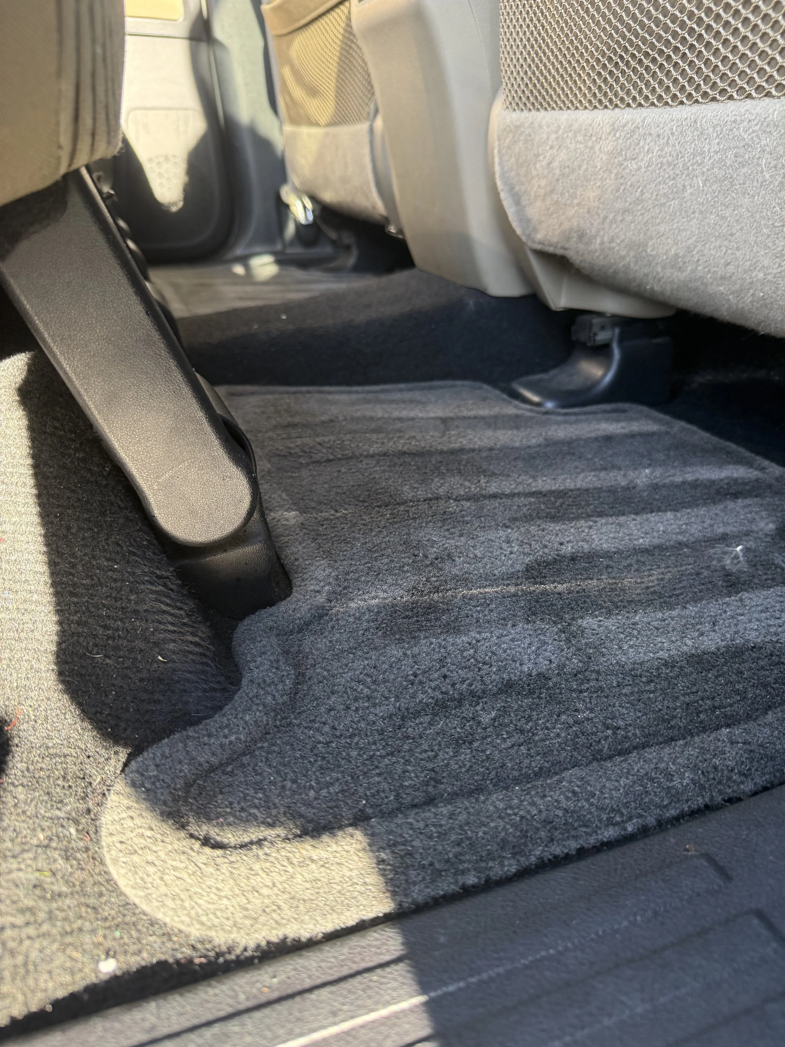 The backseat area of a vehicle showing the seats, the floor with carpeting, and the seatback pockets.