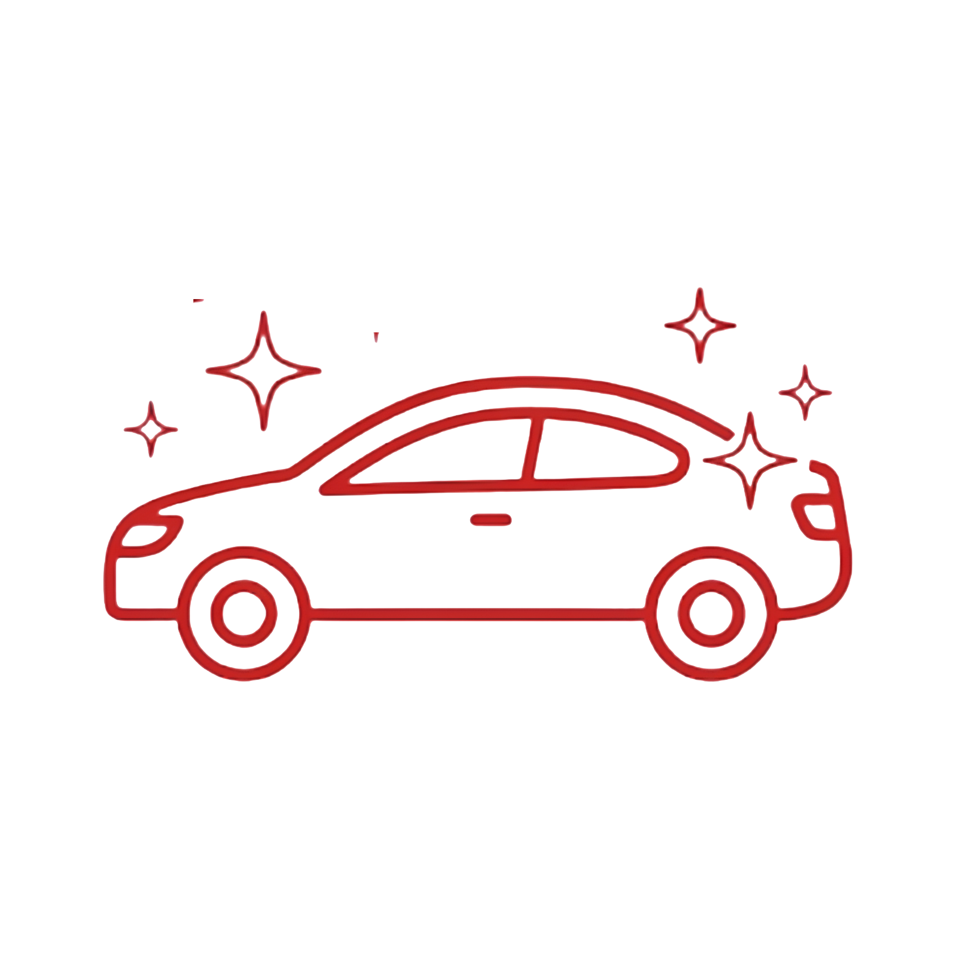Outline of a red car with stars and sparkles around it.
