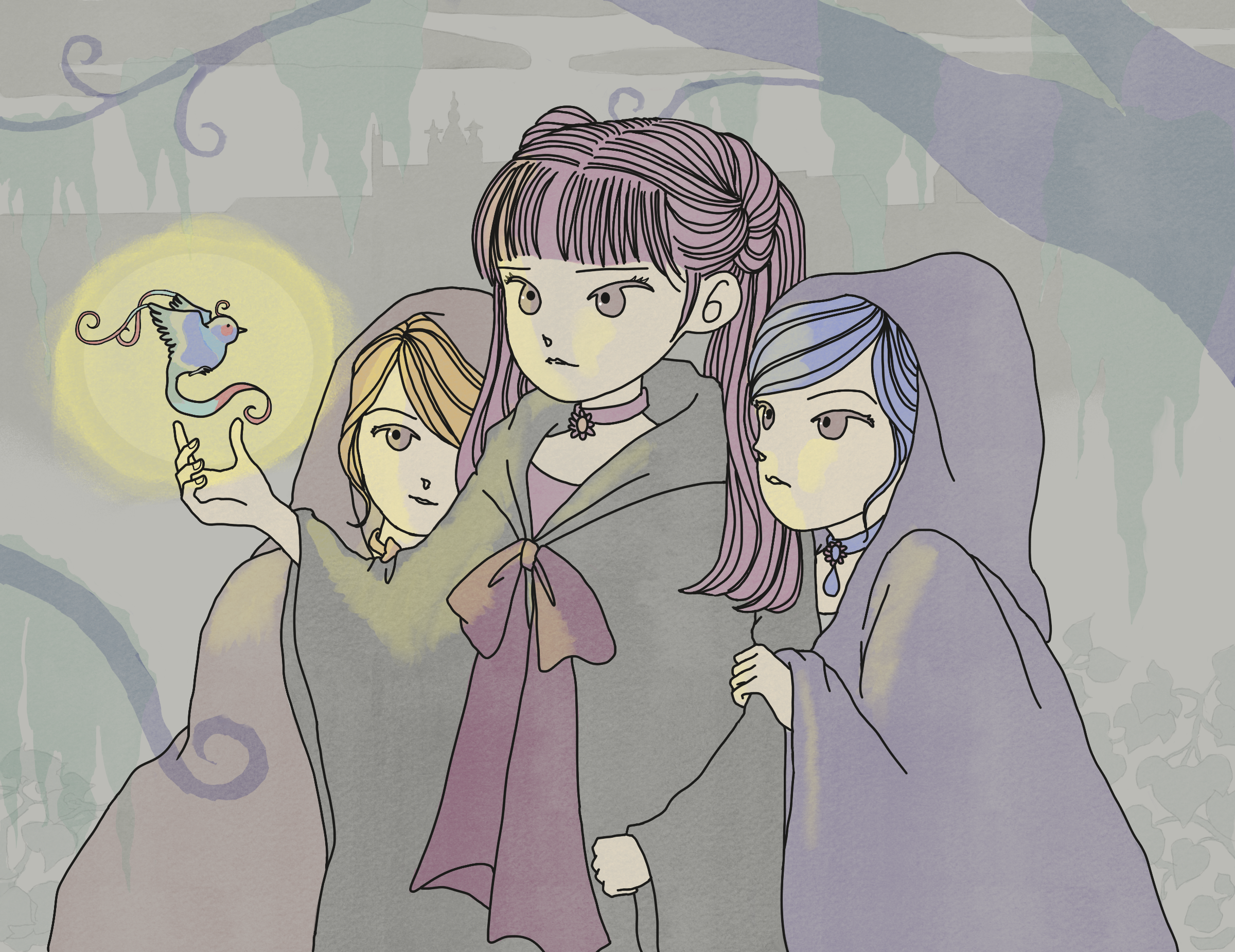 Into the Northwood　北の森へ

As they venture deeper into the Northwood, unfamiliar creatures and mysterious cries surround them. Though fear fills their hearts, the three sisters stay close and move forward—one step at a time.

北の森へ近づくにつれ、見たこともない動物たちや、不思