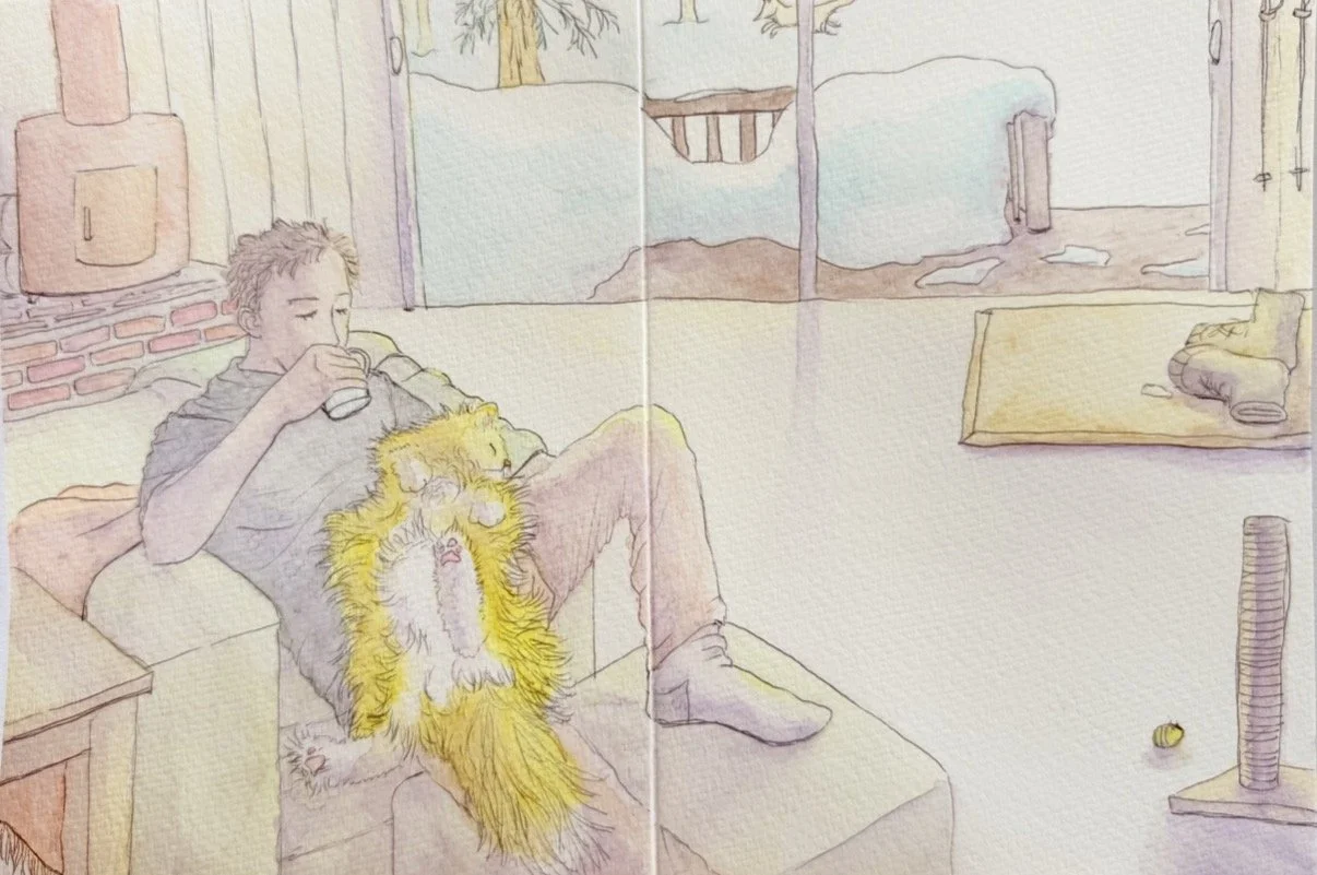 Inside a snow-covered cabin, Lucky rests comfortably on a companion’s lap as they enjoy a quiet cup of coffee. This illustration captures the warmth, trust, and quiet comfort of sharing a peaceful winter morning together.