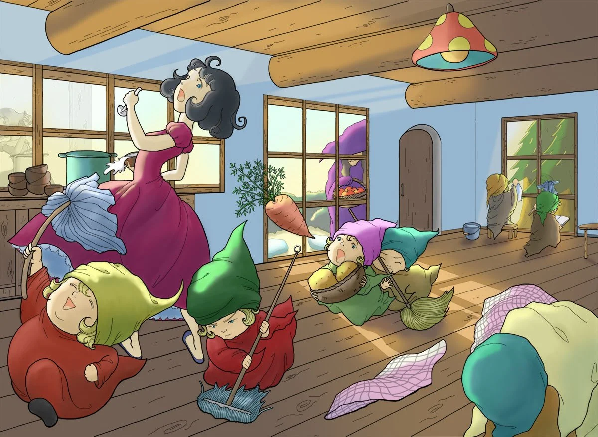 Snow White and Seven Dwarfs – A Busy Morning in the Cottage

A children’s book illustration inspired by Snow White, depicting a lively morning in the cottage where she cooks breakfast while the seven dwarfs create playful chaos while cleaning.
白雪姫をモチ